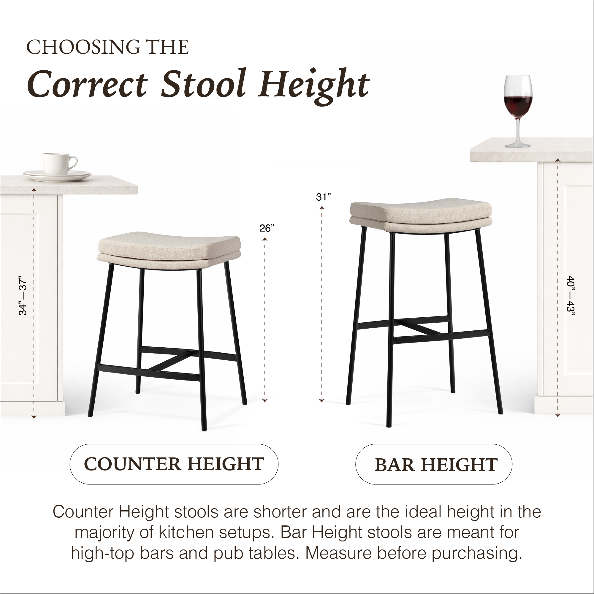 Berkley Counter Height Saddle Stool – Beige Fabric & Matte Black in Maven Lane by Maven Lane