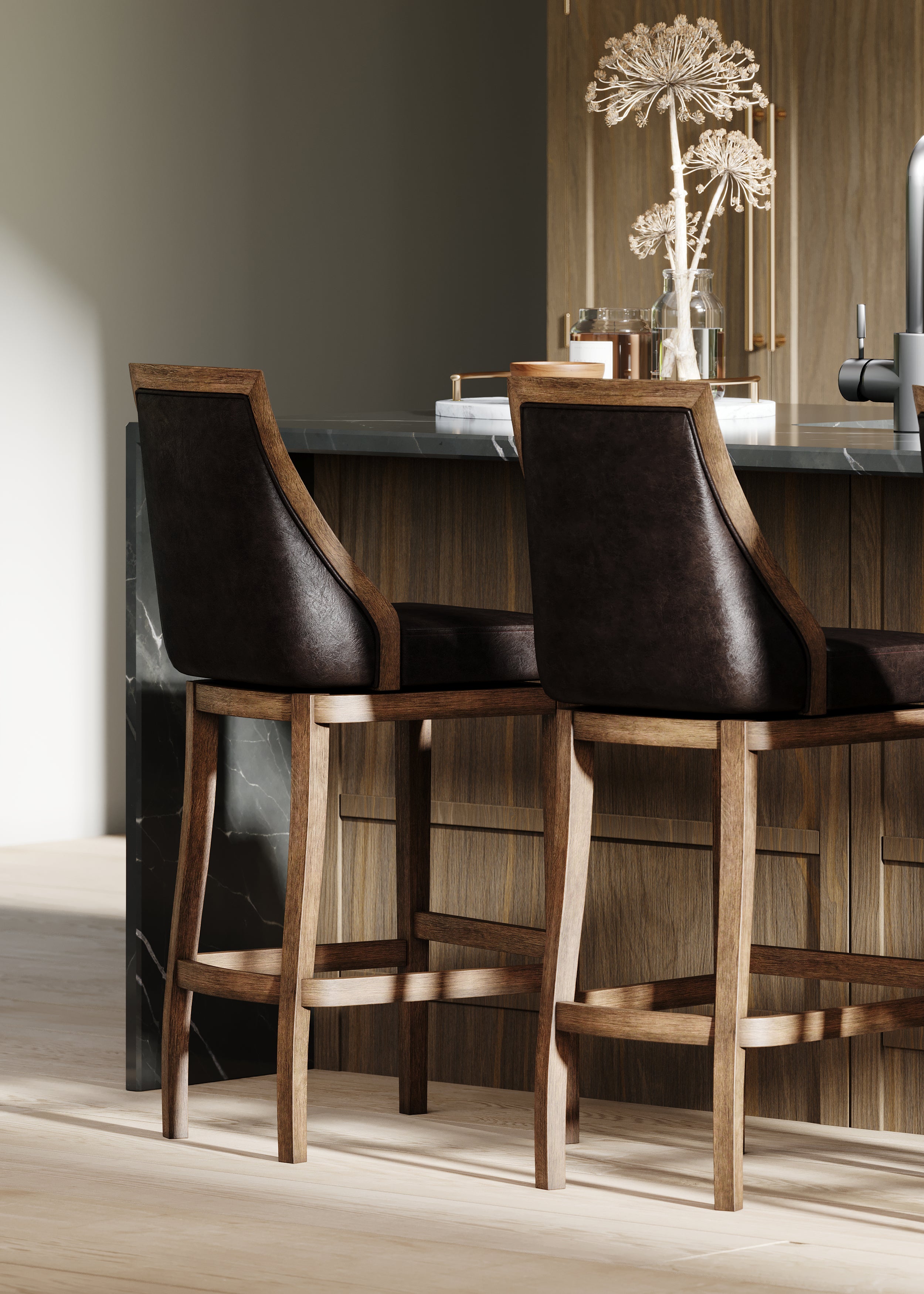 31" Vienna Bar Stool in Walnut Finish with Marksman Saddle Vegan Leather in Stools by Maven Lane