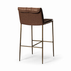 Gerard Bar Stool in Aged Gold Finish with Brown Faux Leather in Stools by Maven Lane