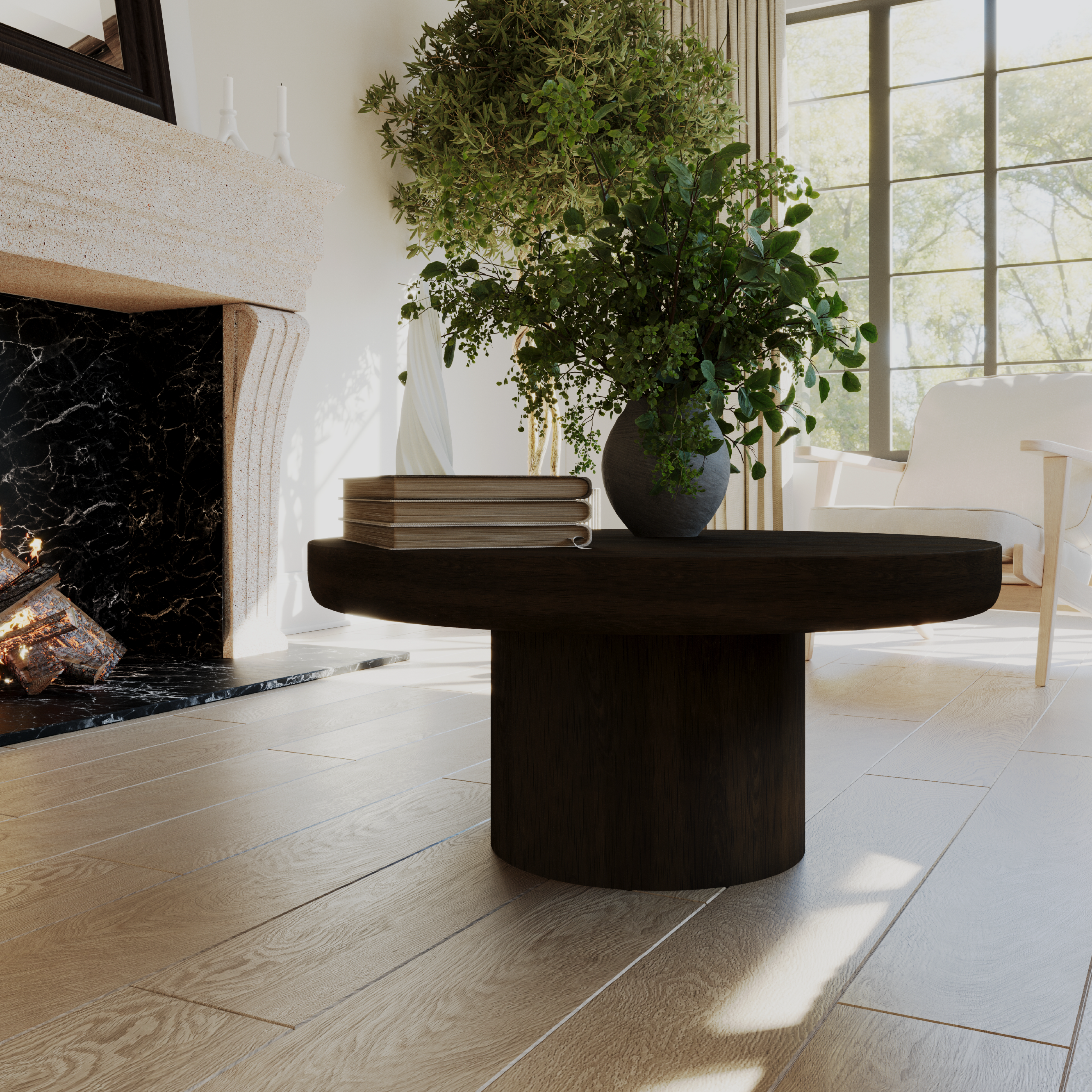 Owen Rustic Circular Wooden Coffee Table In Aged Brown in Maven Lane by Maven Lane