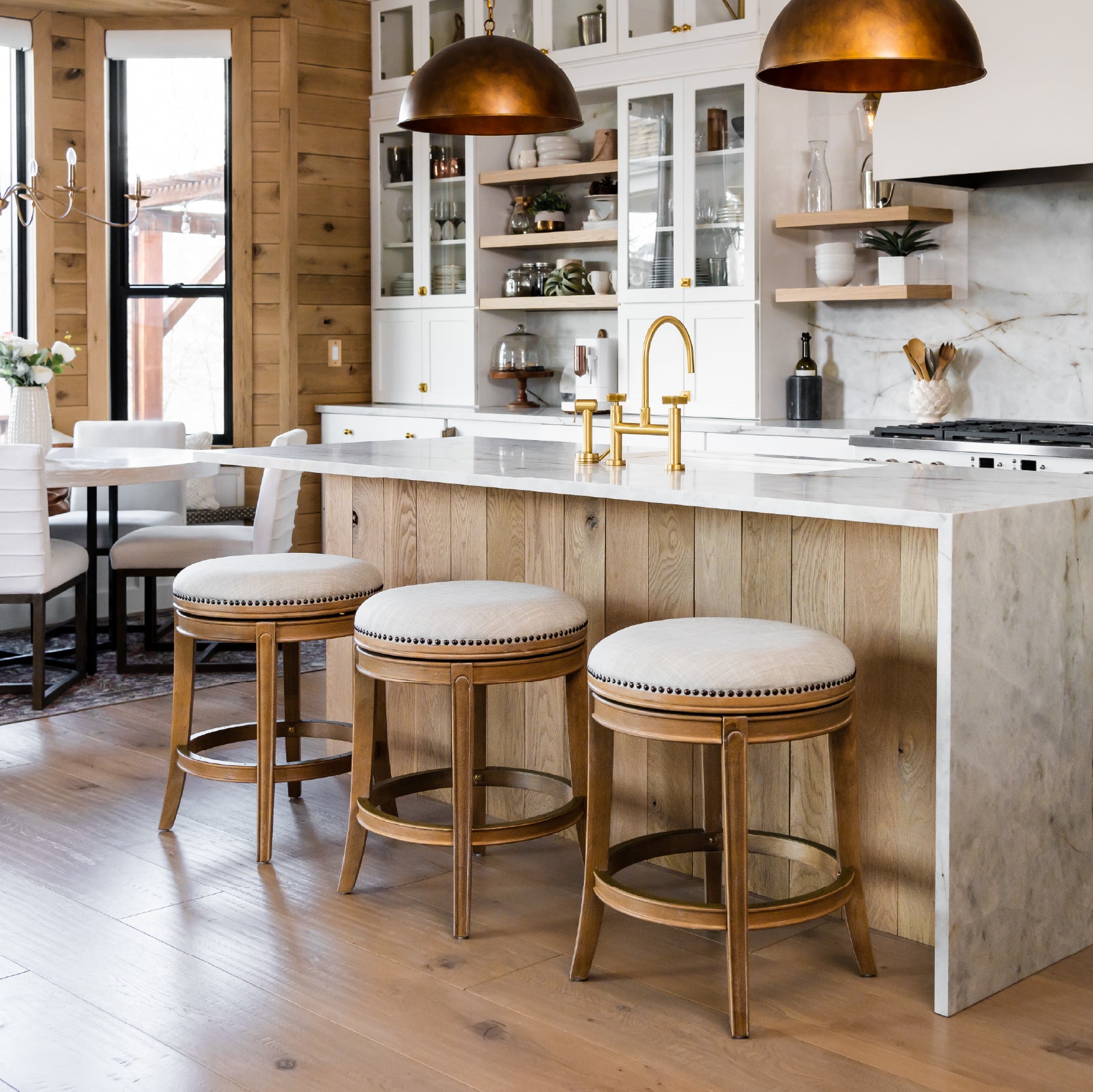 26" Alexander Backless Counter Stool in Weathered Oak Finish with Sand Color Fabric Upholstery in Stools by Maven Lane