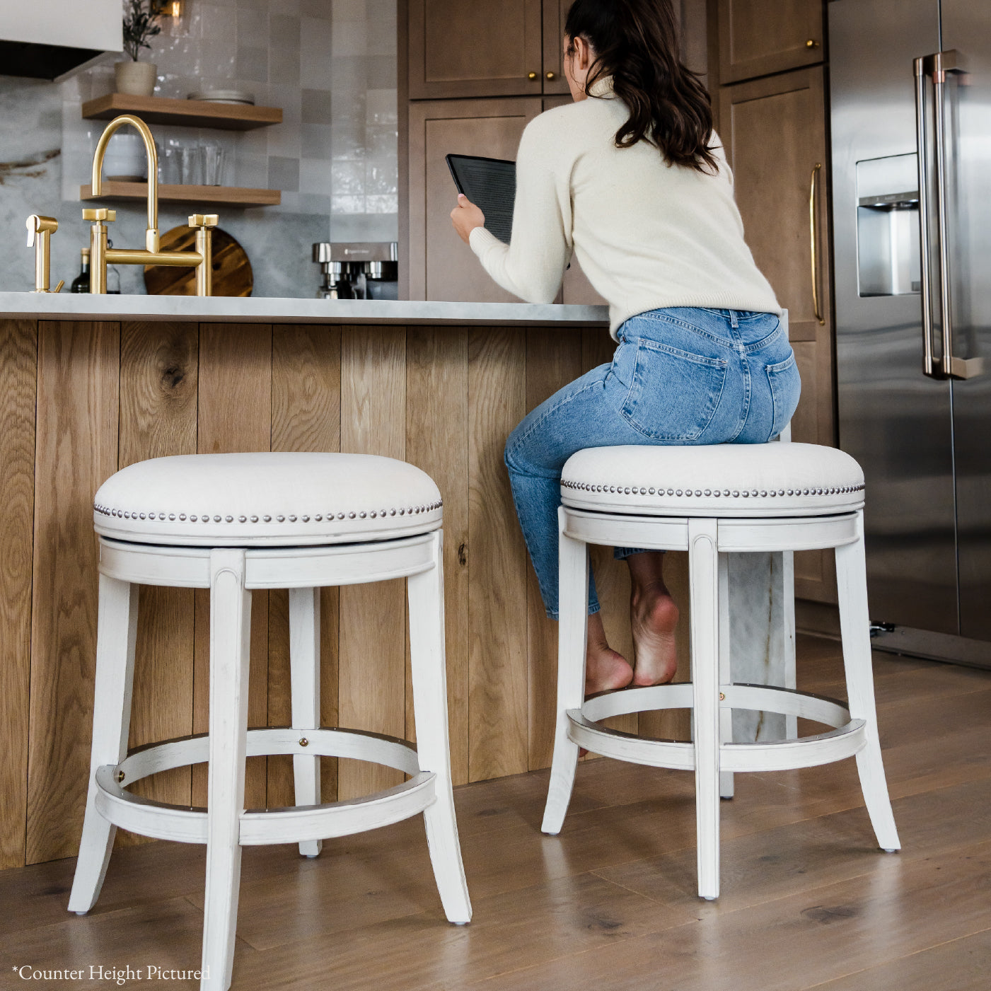 31" Alexander Backless Bar Stool in Cream Finish with Natural Fabric Upholstery in Stools by Maven Lane
