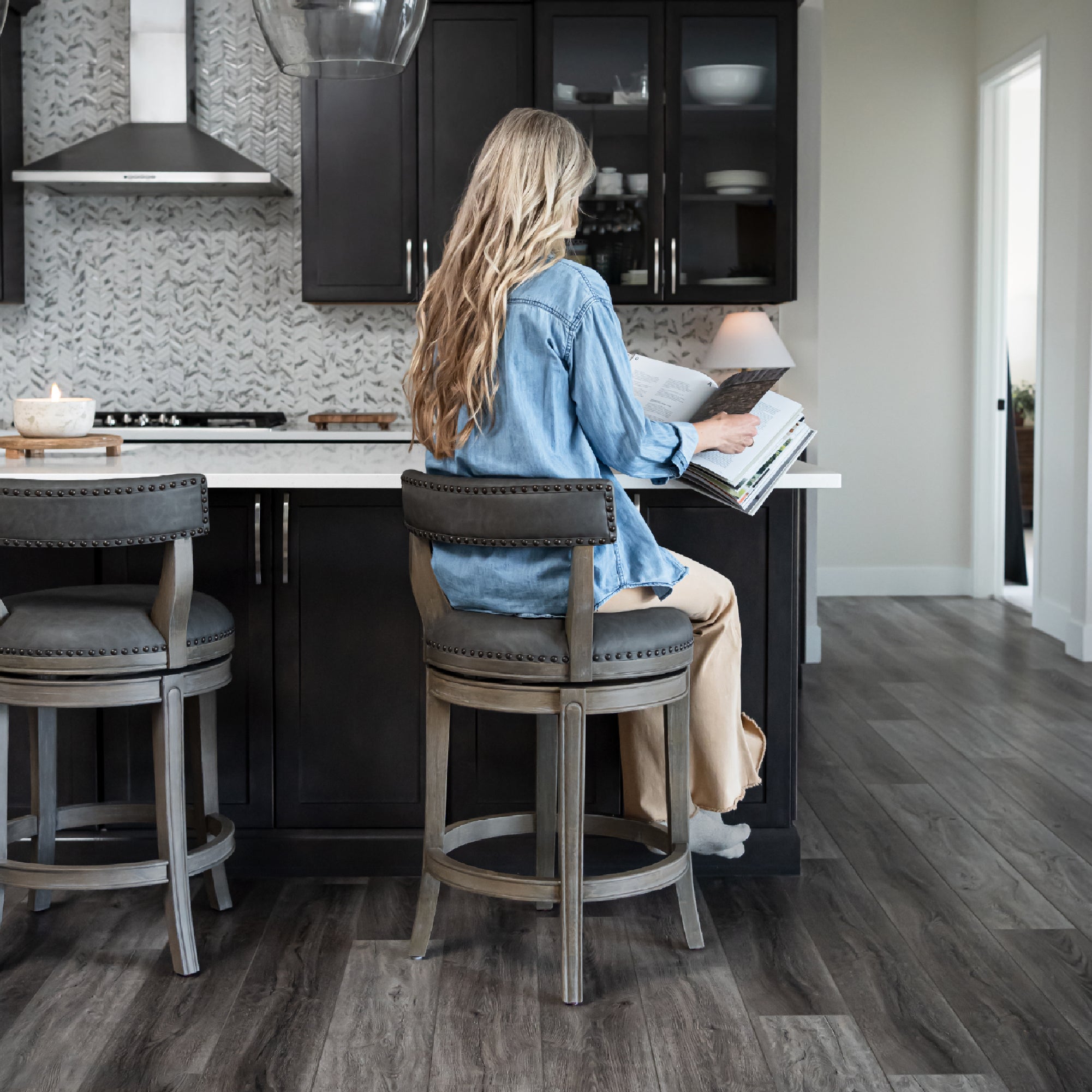 Alexander Counter Stool in Grey Finish with Grey Faux Leather Upholstery in Stools by Maven Lane