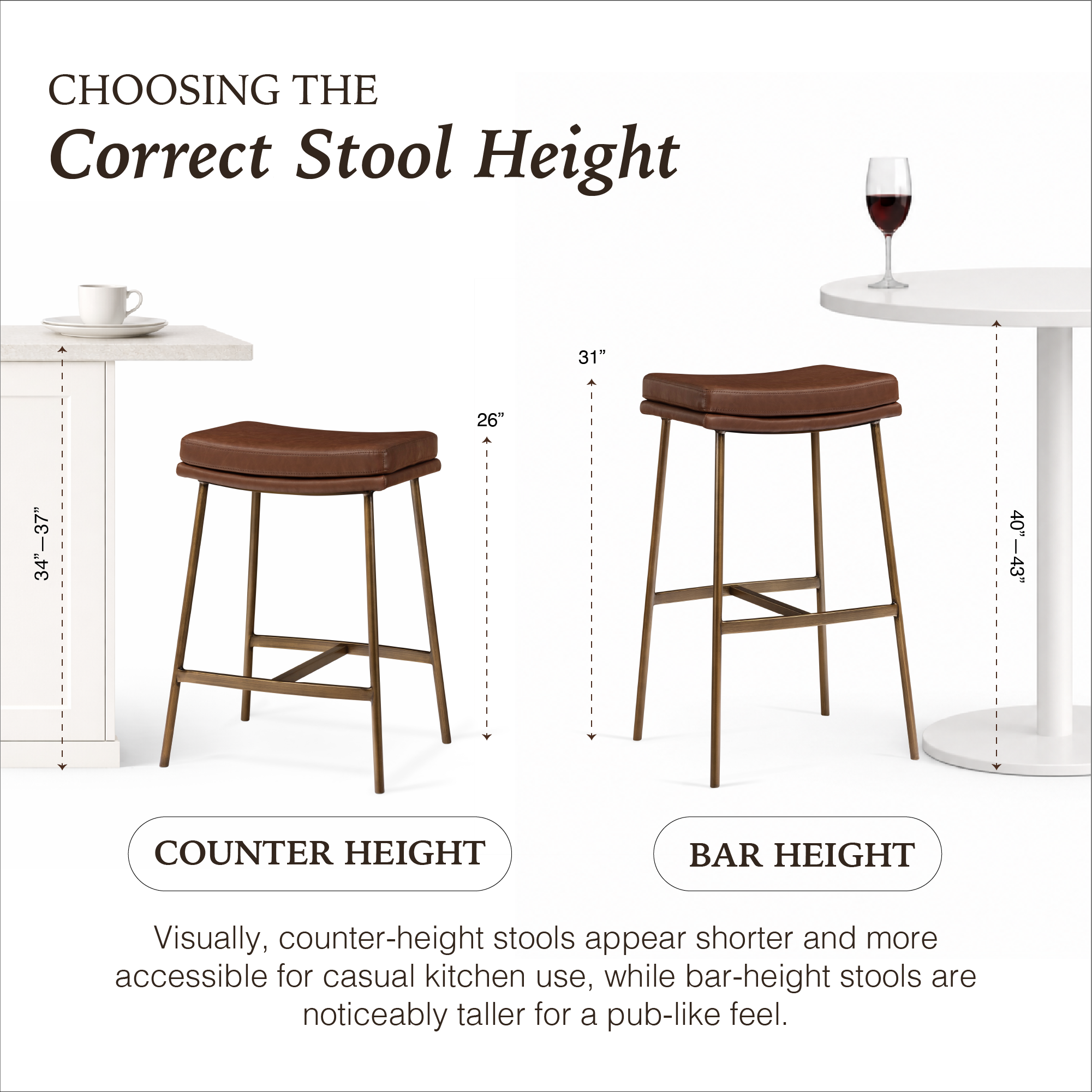 Berkley Bar Height Saddle Stool – Brown Faux Leather & Aged Gold in Maven Lane by Maven Lane