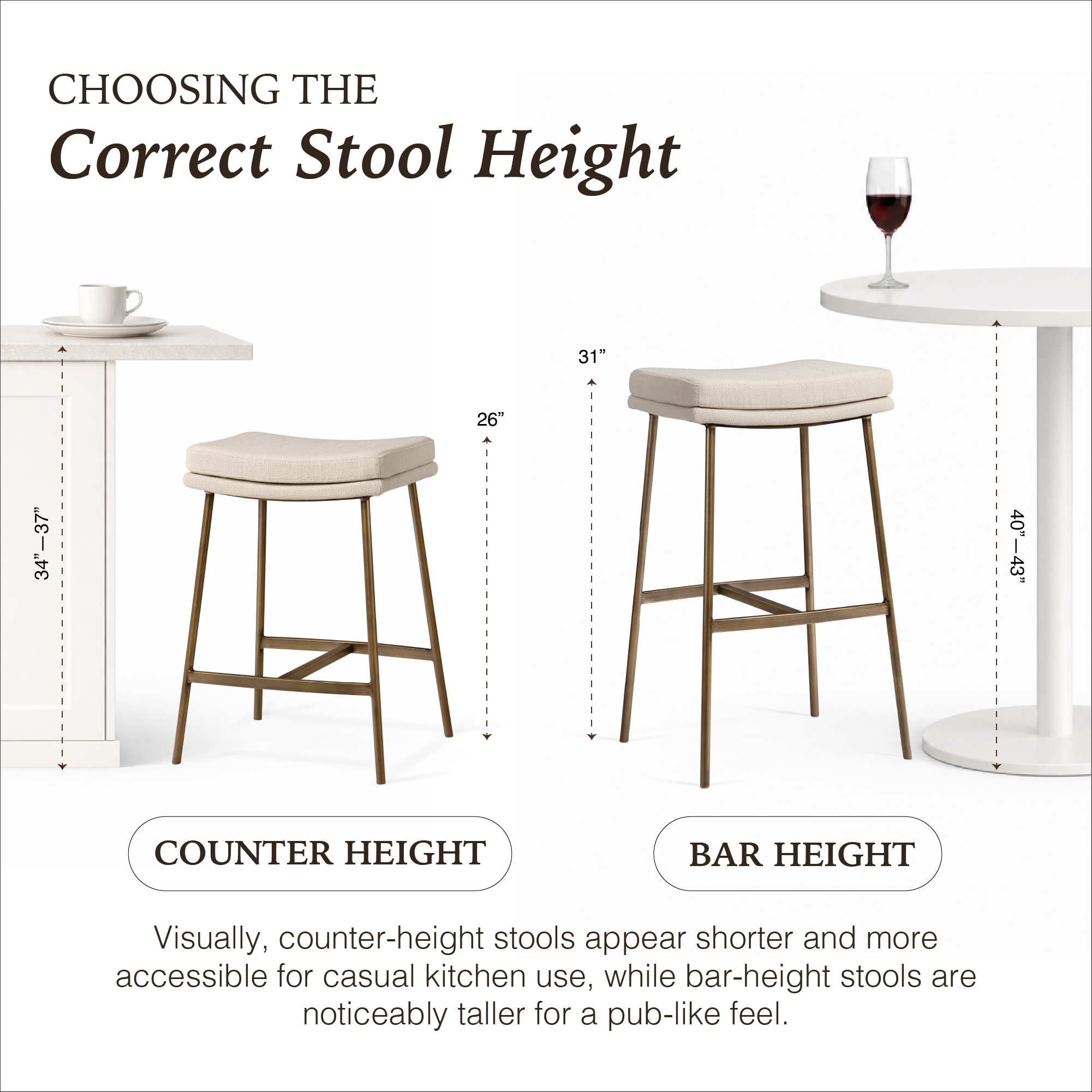 Berkley Counter Height Saddle Stool – Beige Fabric & Aged Gold in Maven Lane by Maven Lane