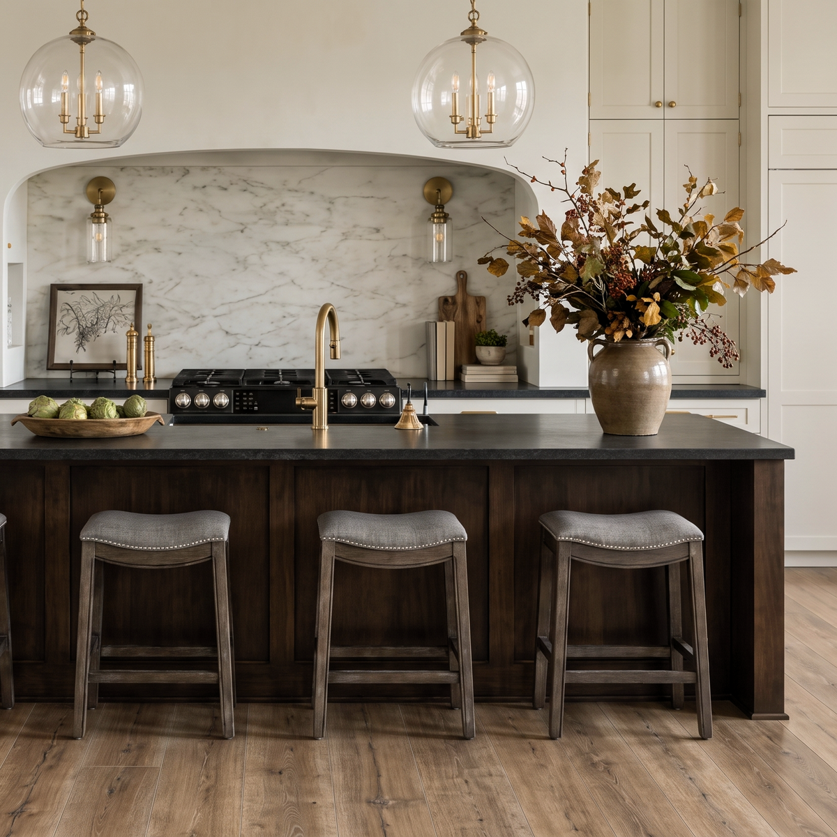 Adrien Saddle Counter Stool in Brown Finish with Grey Fabric in Stools by Maven Lane