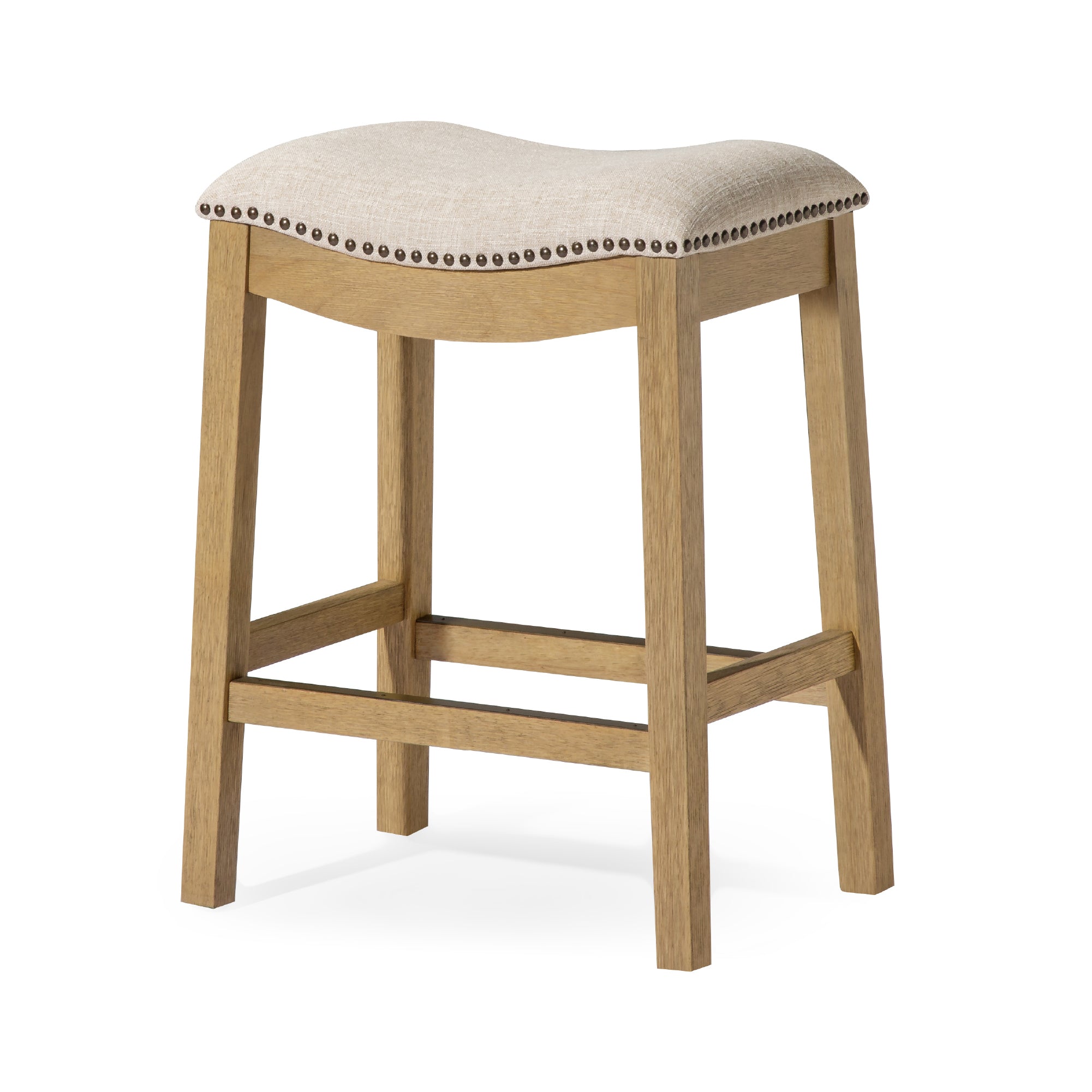 Alex Counter Stool in Aged Natural Finish with Wheat Fabric Upholstery