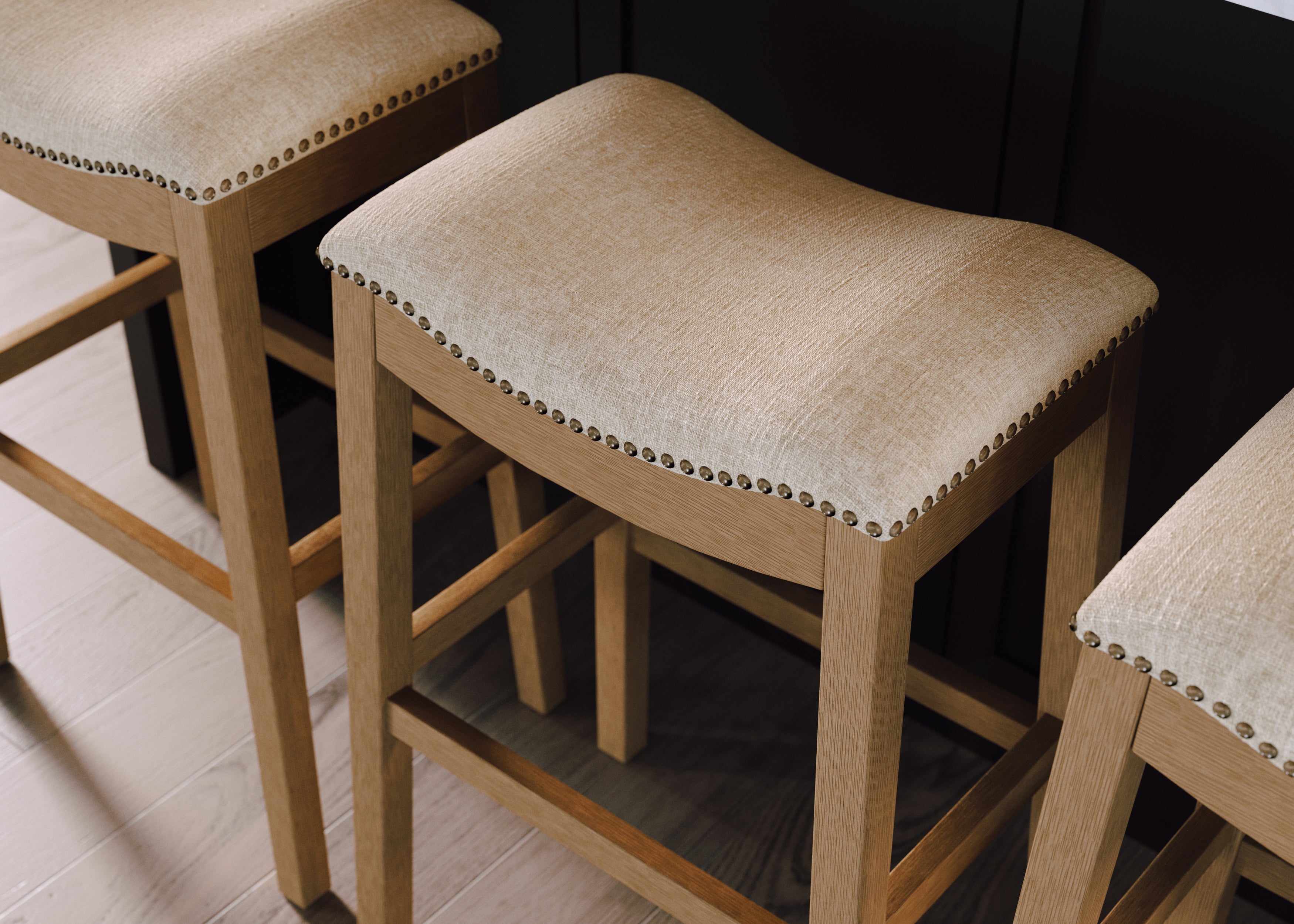 Alex Bar Stool In Aged Natural Finish With Wheat Fabric Upholstery in Stools by Maven Lane