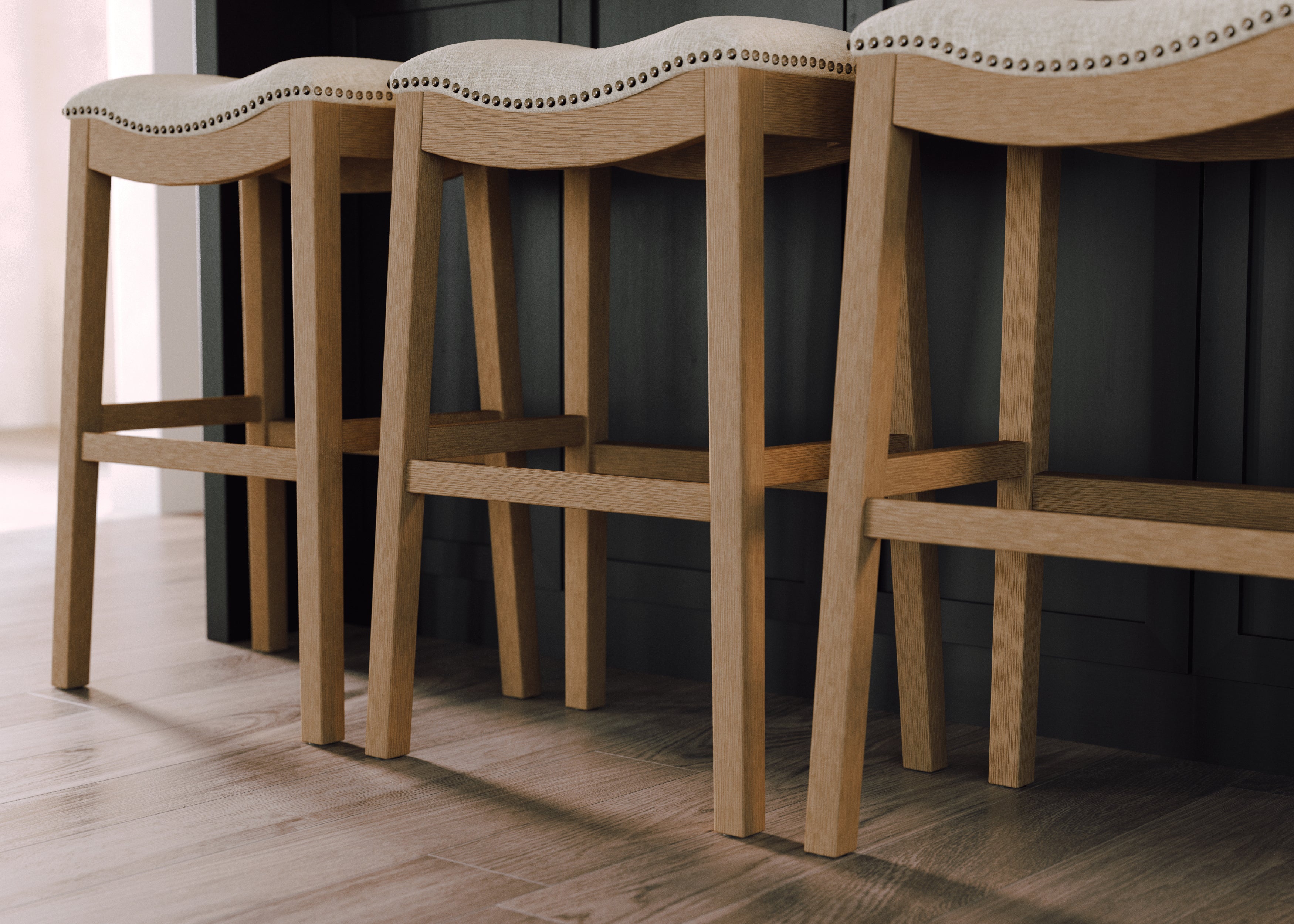 Alex Bar Stool In Aged Natural Finish With Wheat Fabric Upholstery in Stools by Maven Lane