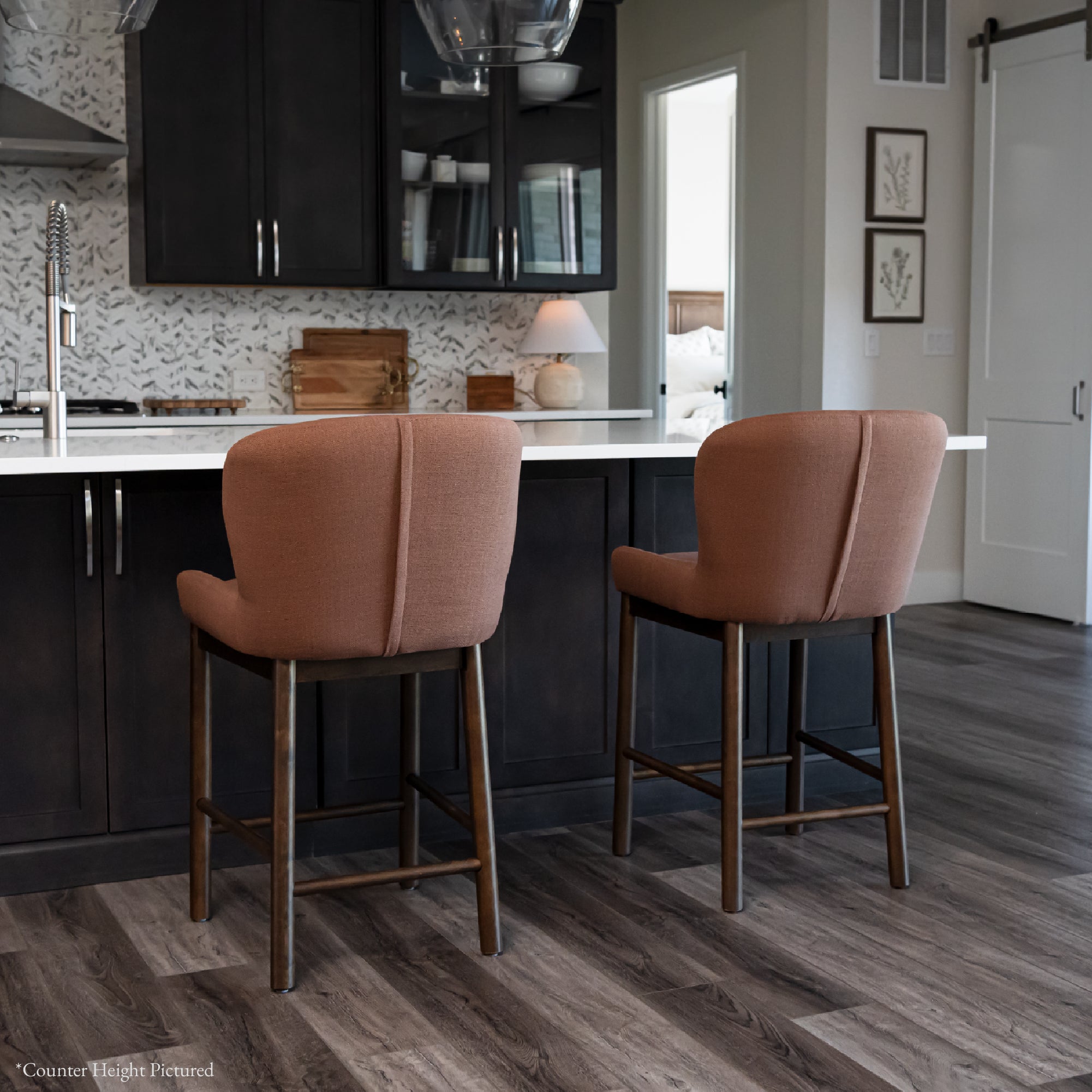 Gia Bar Stool in Brown Finish and Brown Fabric in Stools by Maven Lane