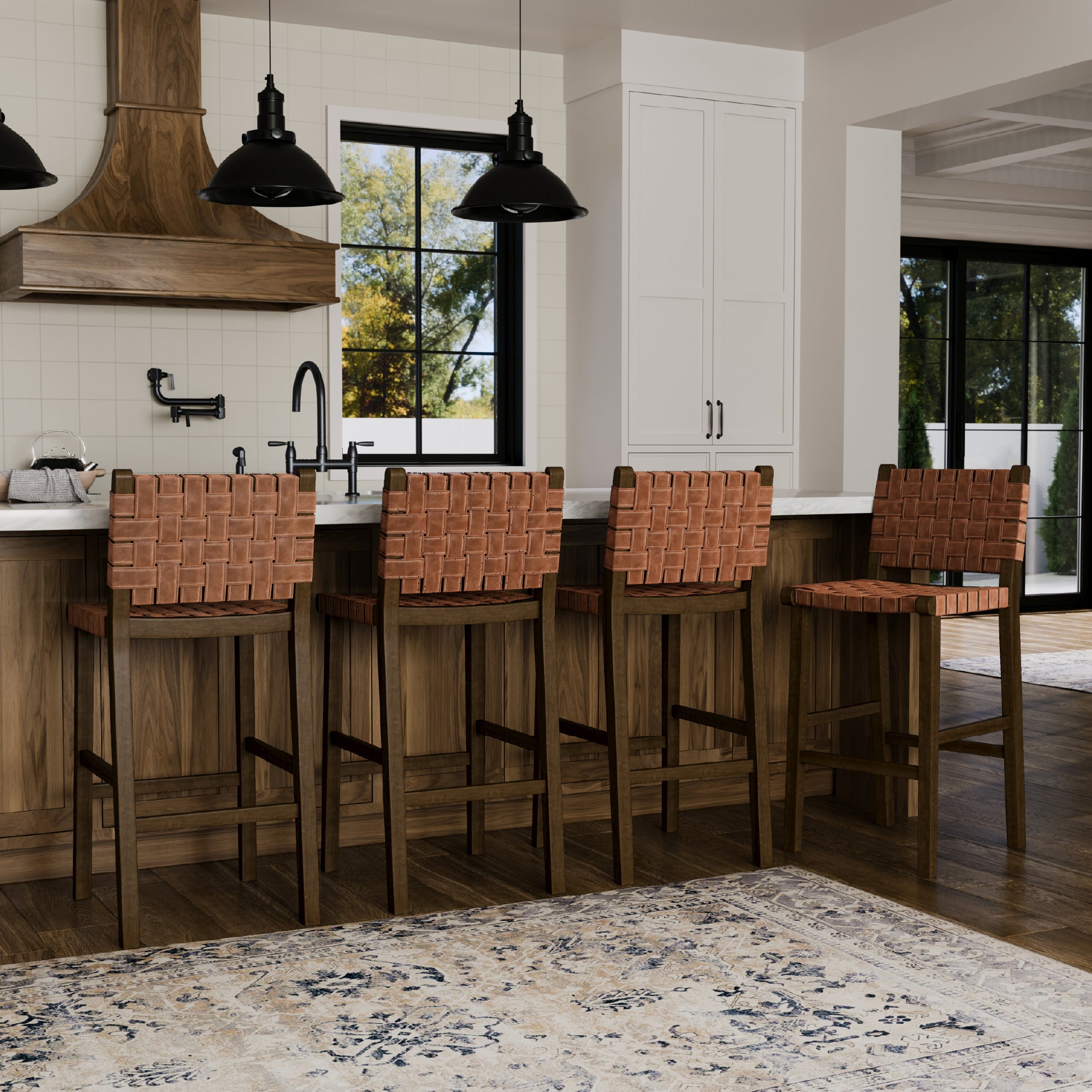 31" Noah Bar Stool In Brown Finish & Brown Woven Faux Leather Seat in Stools by Maven Lane