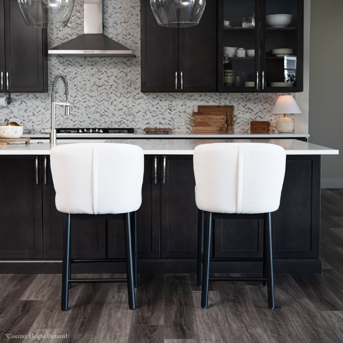 Gia Bar Stool in Black Finish and White Fabric in Stools by Maven Lane