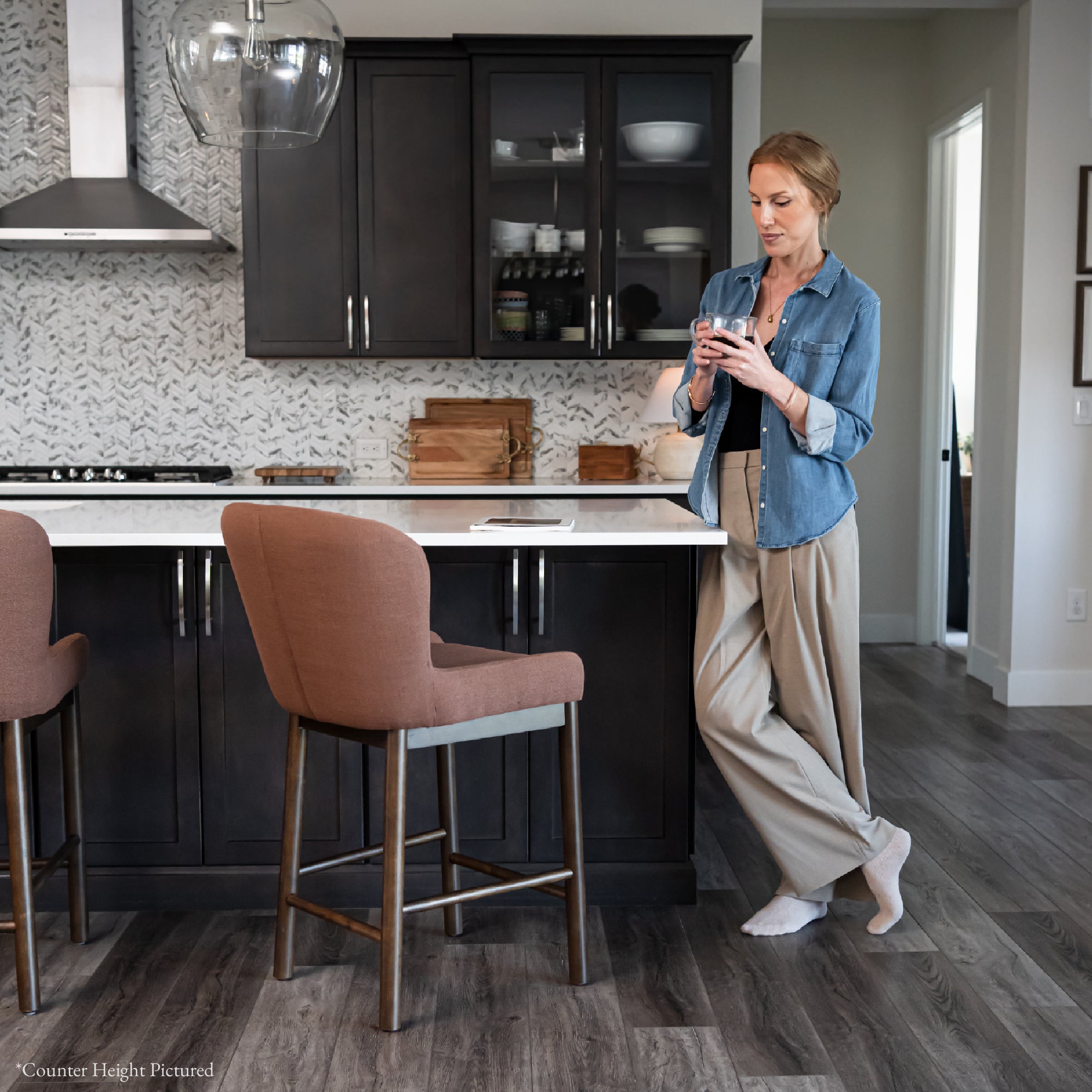 Gia Bar Stool in Brown Finish and Brown Fabric in Stools by Maven Lane