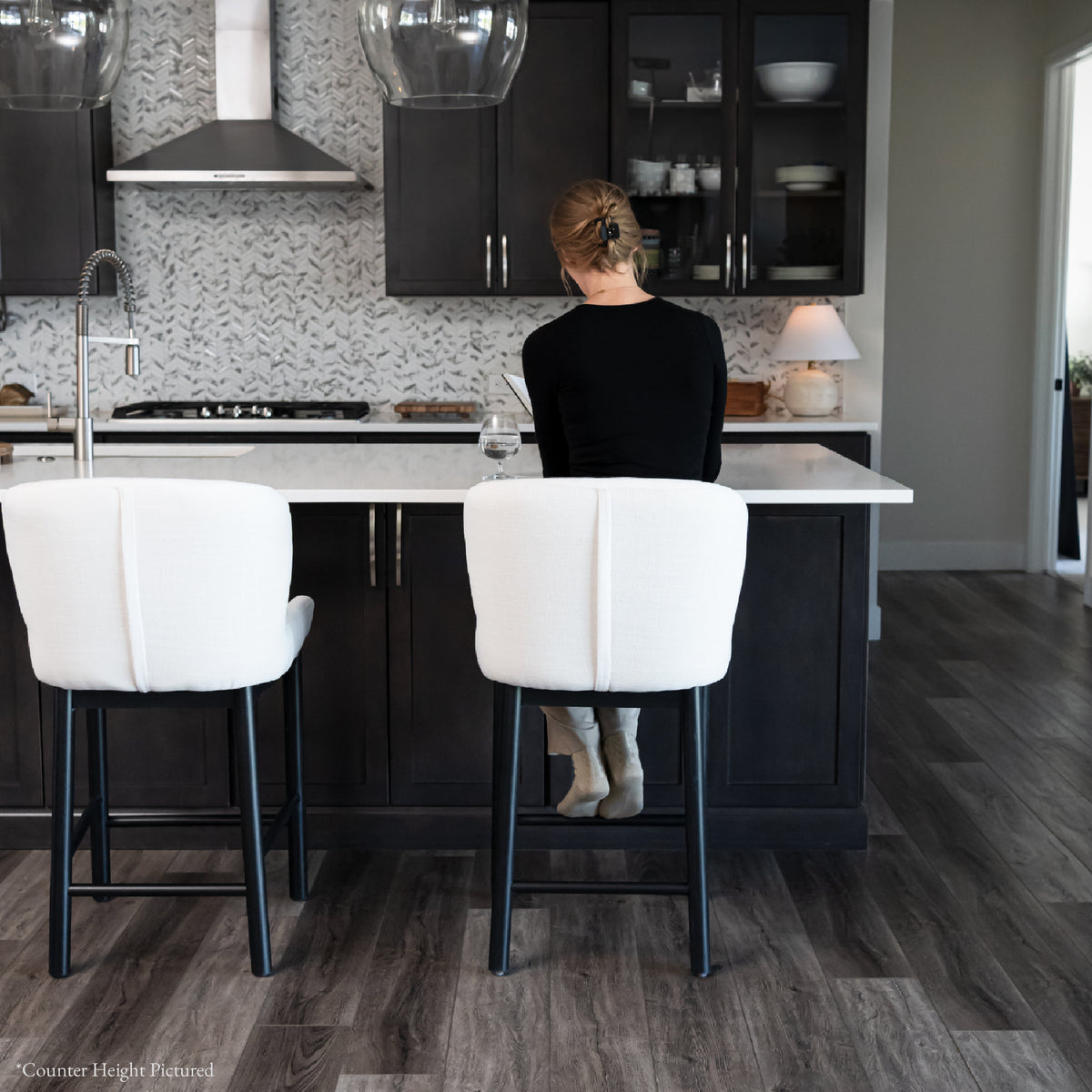 Gia Bar Stool in Black Finish and White Fabric in Stools by Maven Lane