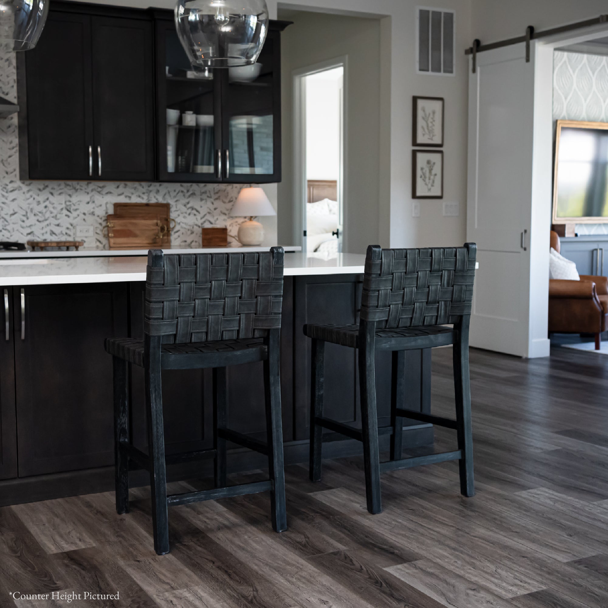 31" Noah Bar Stool In Black Finish & Dark Grey Woven Faux Leather Seat (Set of 4) in Stools by Maven Lane