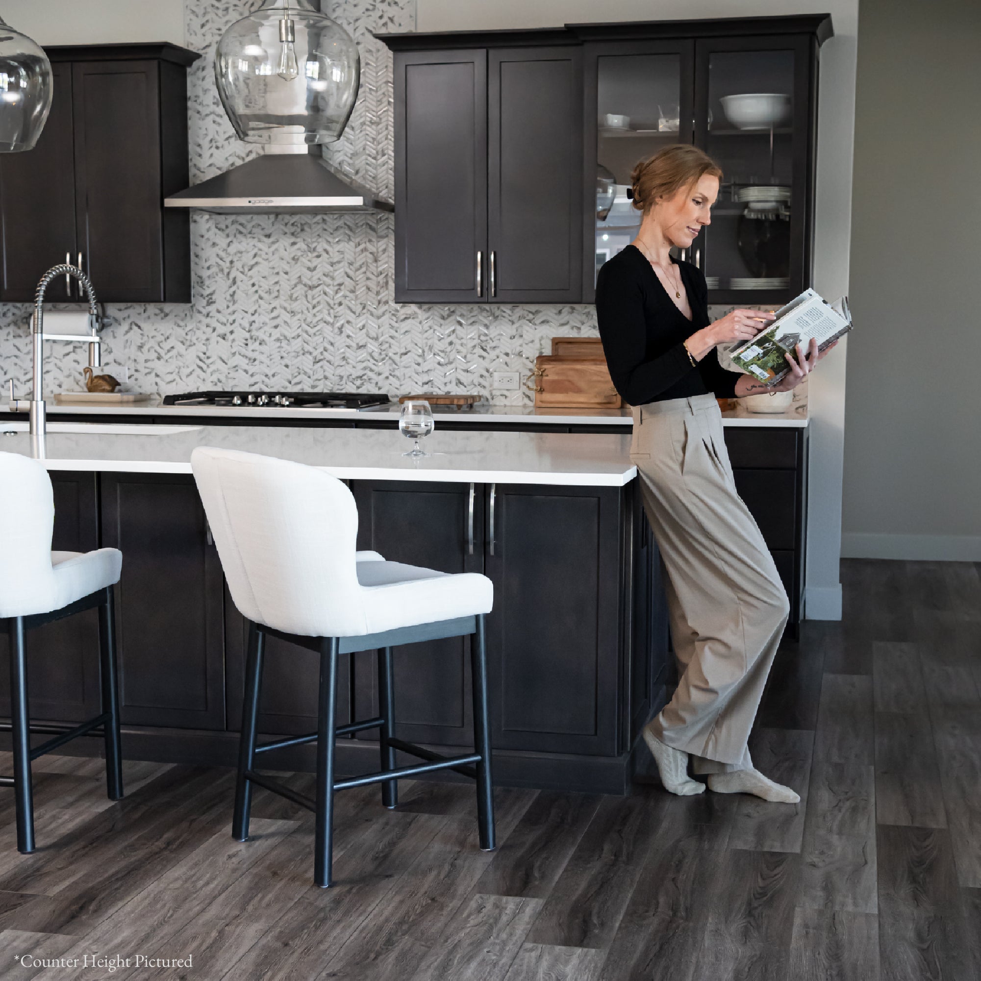 Gia Bar Stool in Black Finish and White Fabric in Stools by Maven Lane