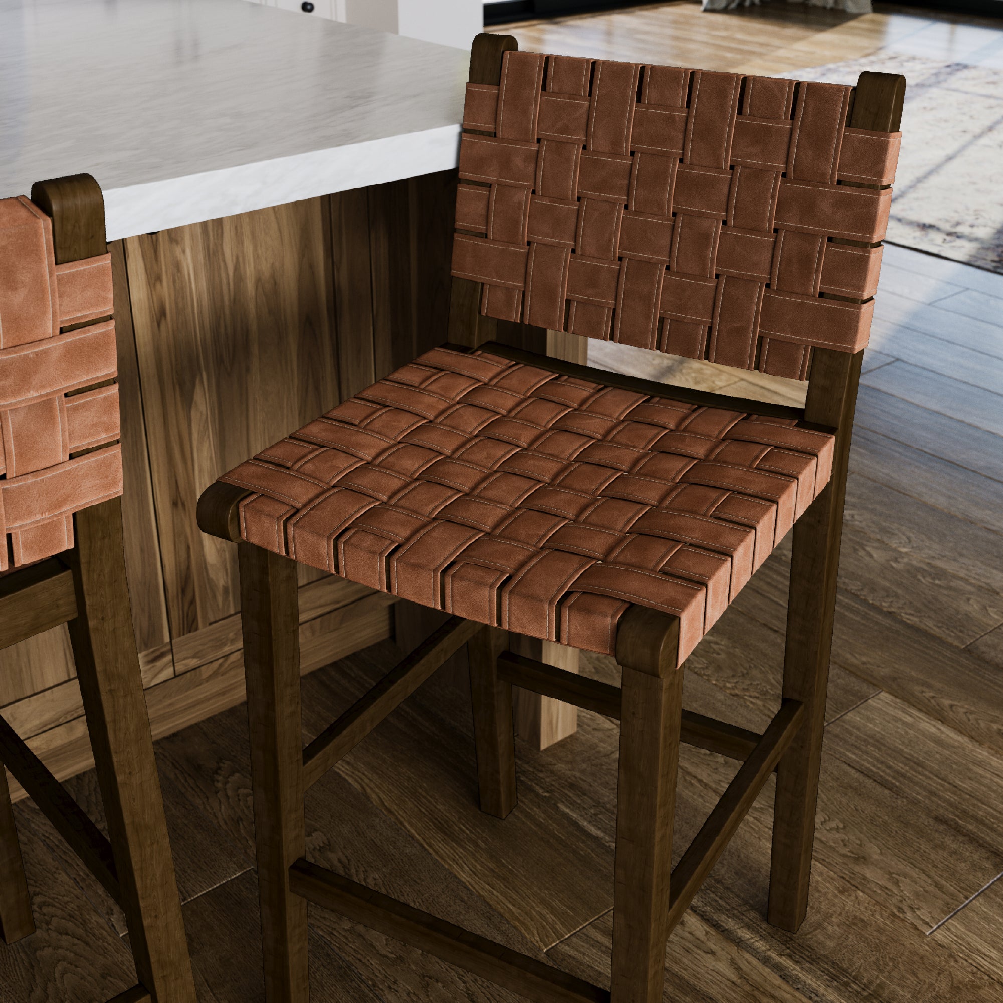 31" Noah Bar Stool In Brown Finish & Brown Woven Faux Leather Seat in Stools by Maven Lane