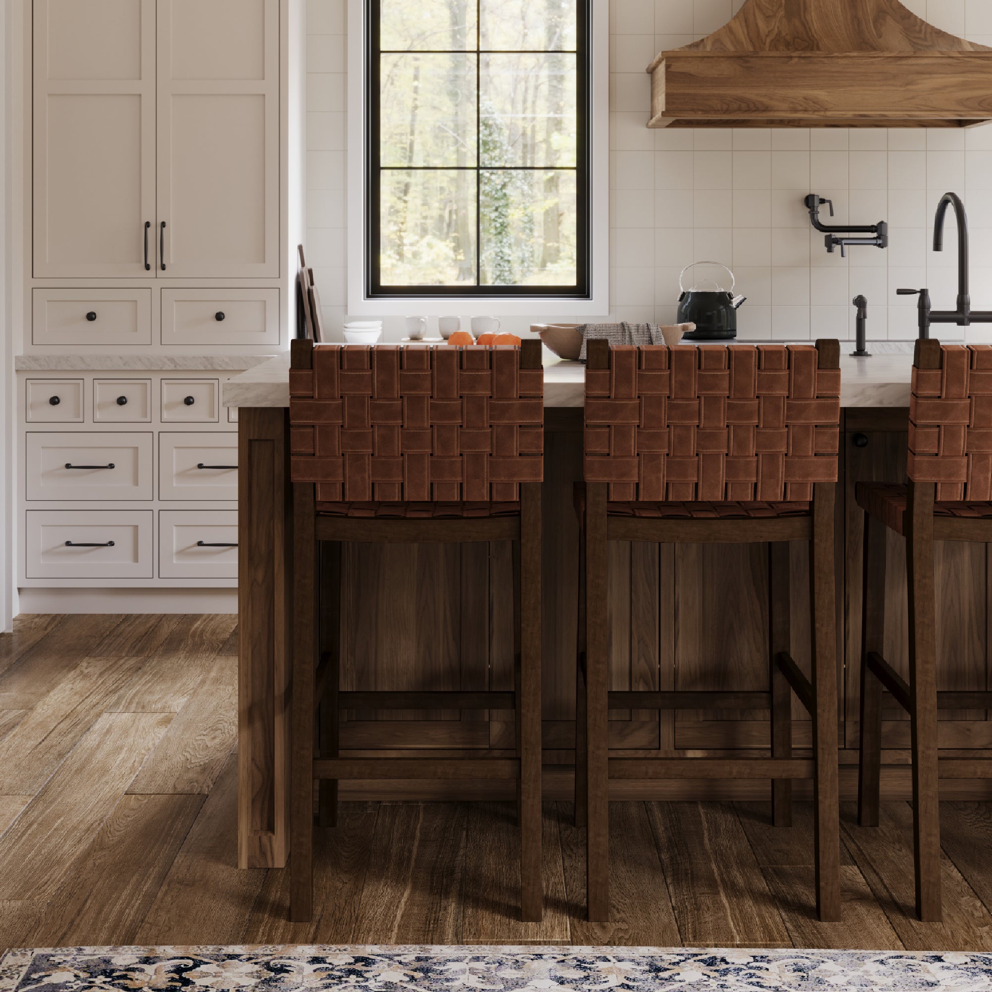 31" Noah Bar Stool In Brown Finish & Brown Woven Faux Leather Seat in Stools by Maven Lane