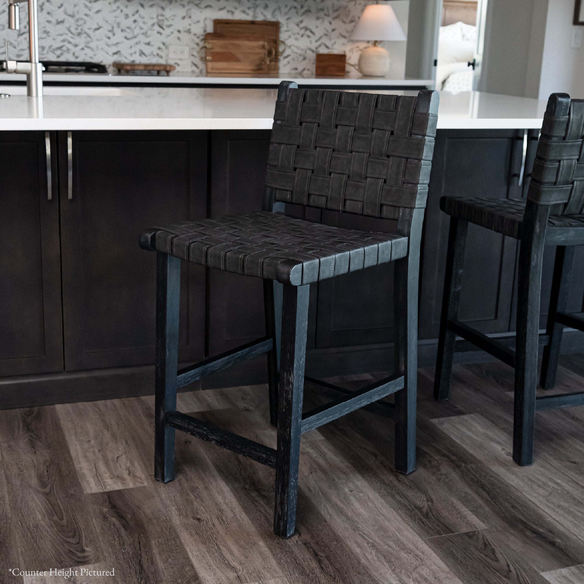 Noah Bar Stool In Black Finish & Dark Grey Woven Faux Leather Seat in Stools by Maven Lane