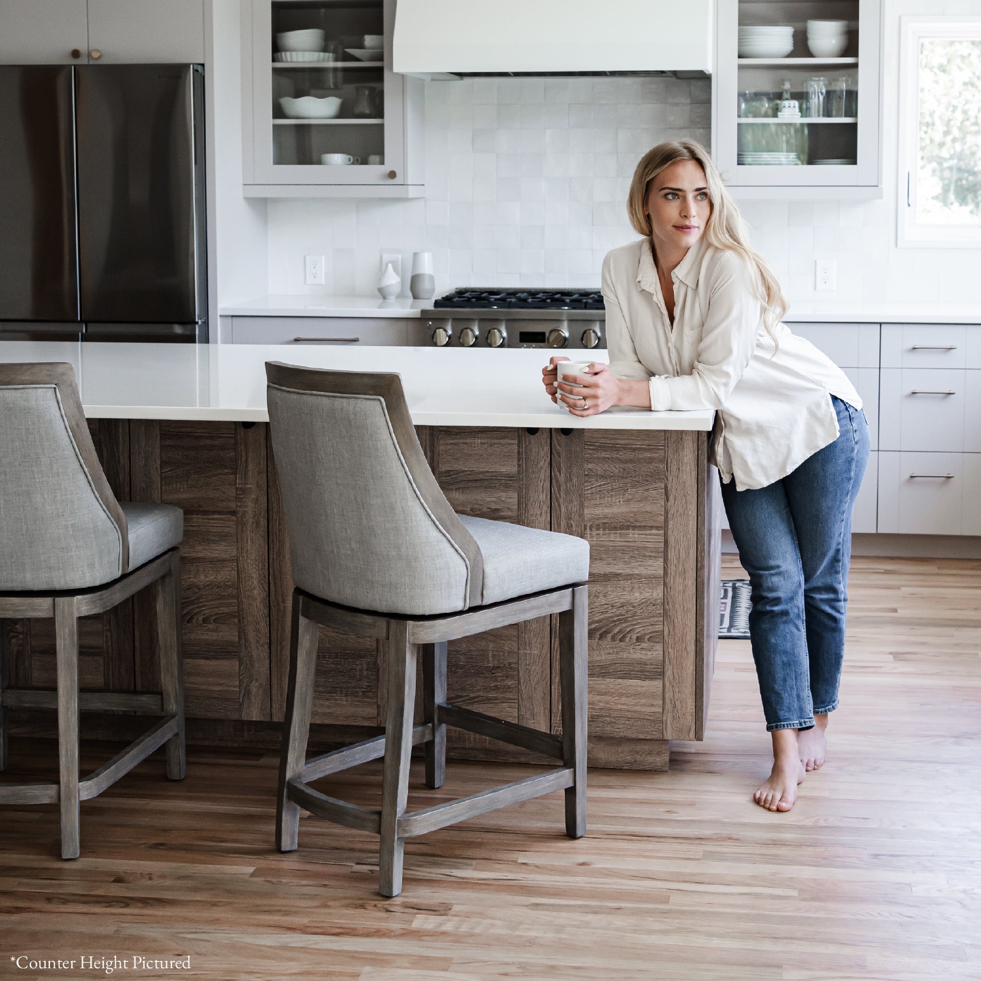 Vienna Swivel Bar Stool in Grey Finish with Grey Fabric in Stools by Maven Lane