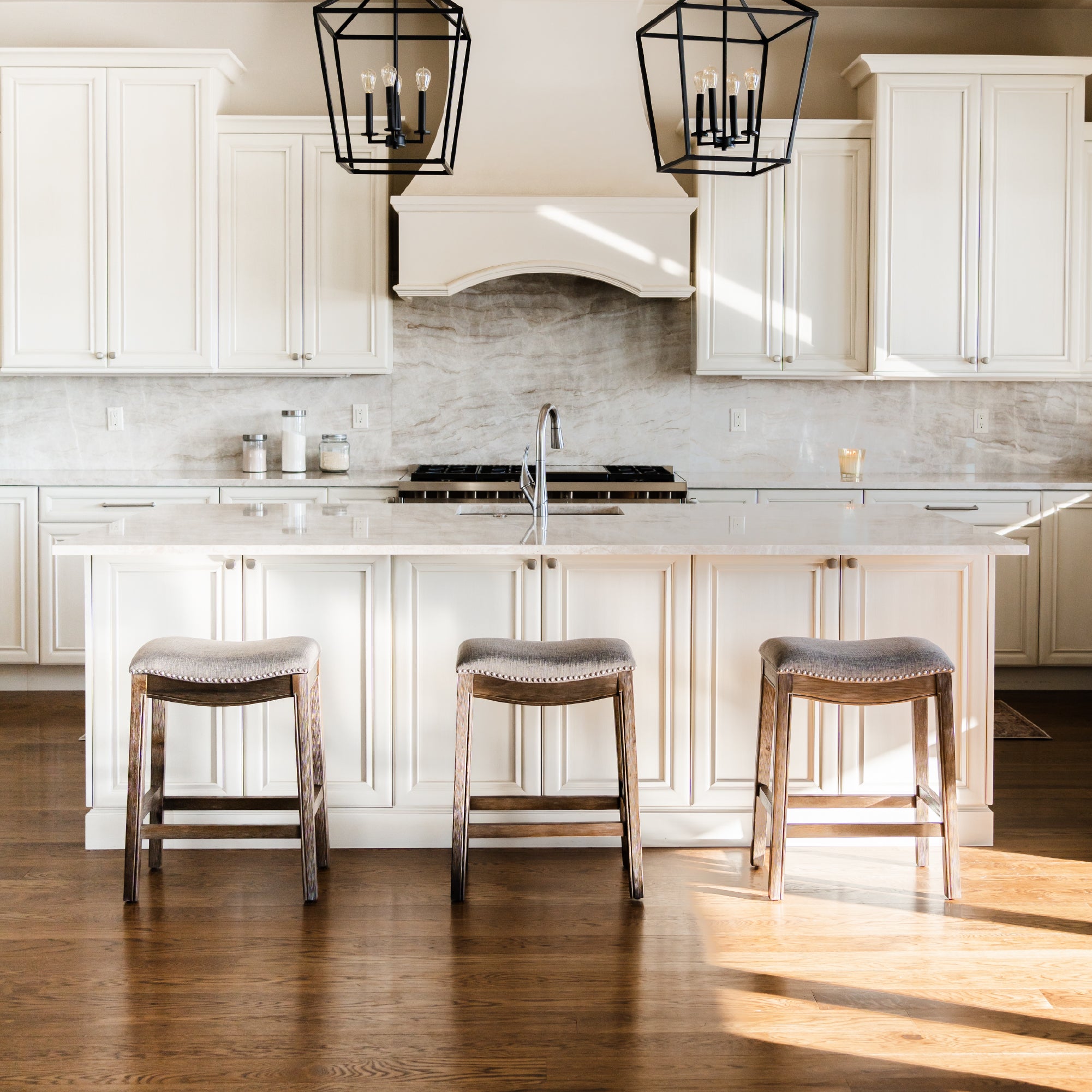 26" Adrien Saddle Counter Stool in Walnut Finish with Grey Fabric Upholstery in Stools by Maven Lane