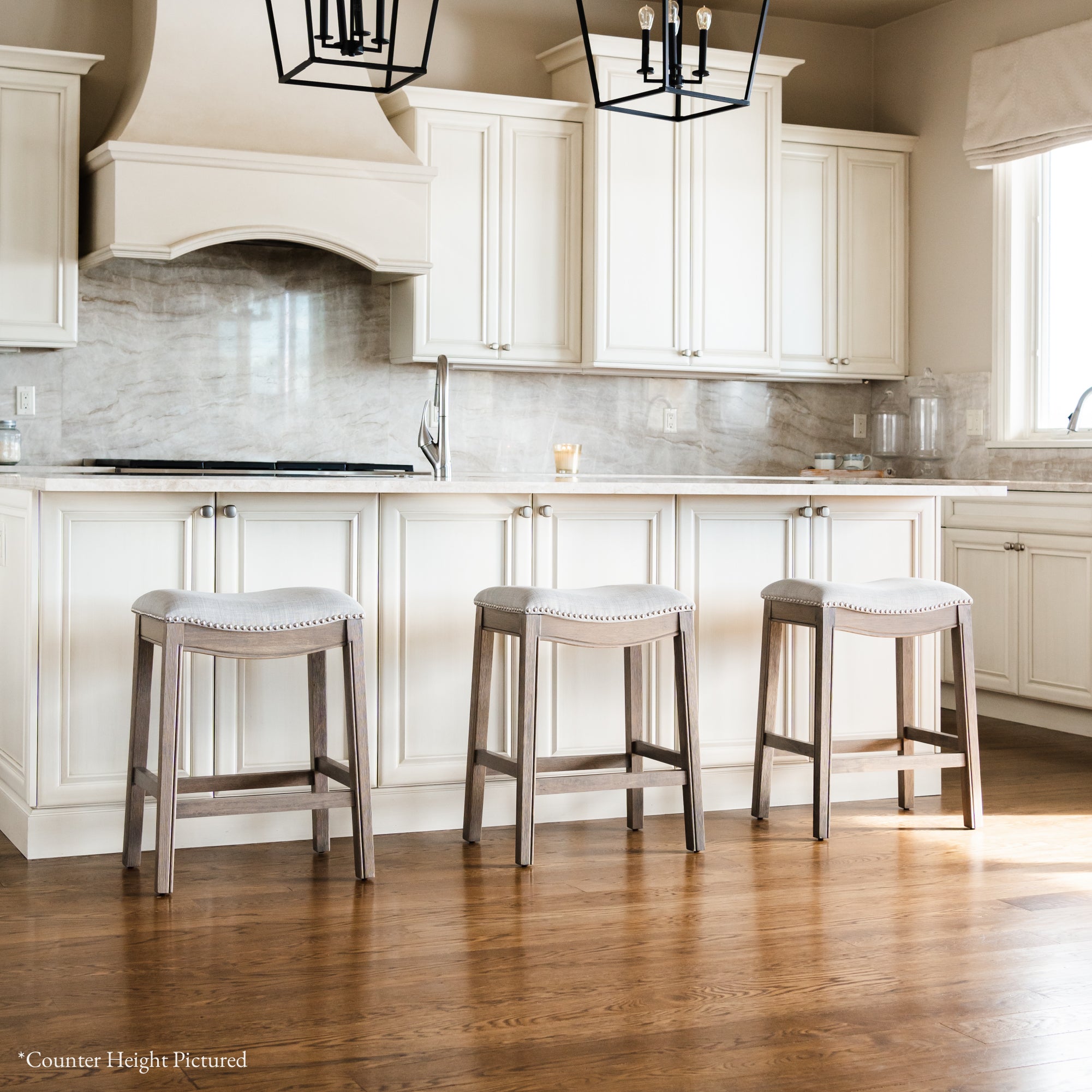 31" Adrien Saddle Bar Stool in Reclaimed Oak Finish with Ash Grey Fabric Upholstery in Stools by Maven Lane