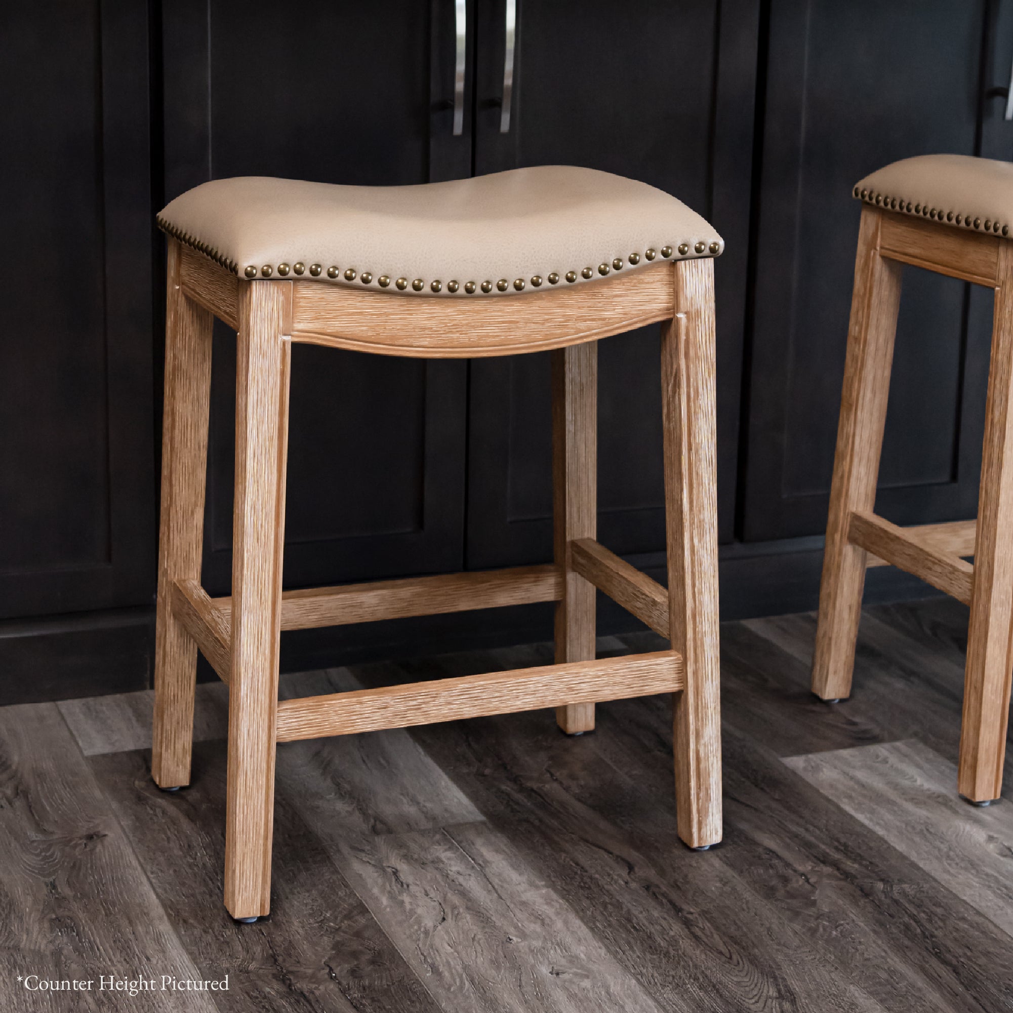 31" Adrien Saddle Bar Stool in Weathered Oak Finish with Avanti Bone Vegan Leather in Stools by Maven Lane