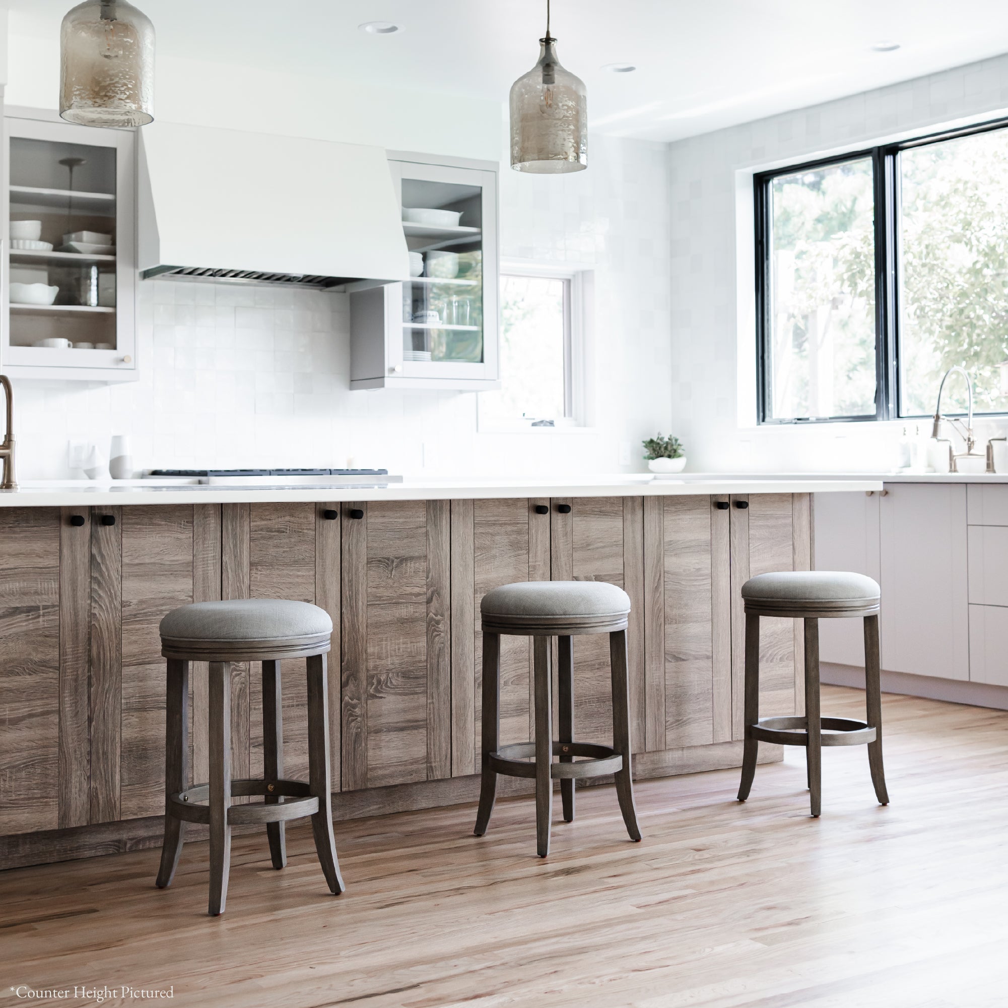 31" Eva Bar Stool in Reclaimed Oak Finish with Ash Grey Fabric Upholstery in Stools by Maven Lane