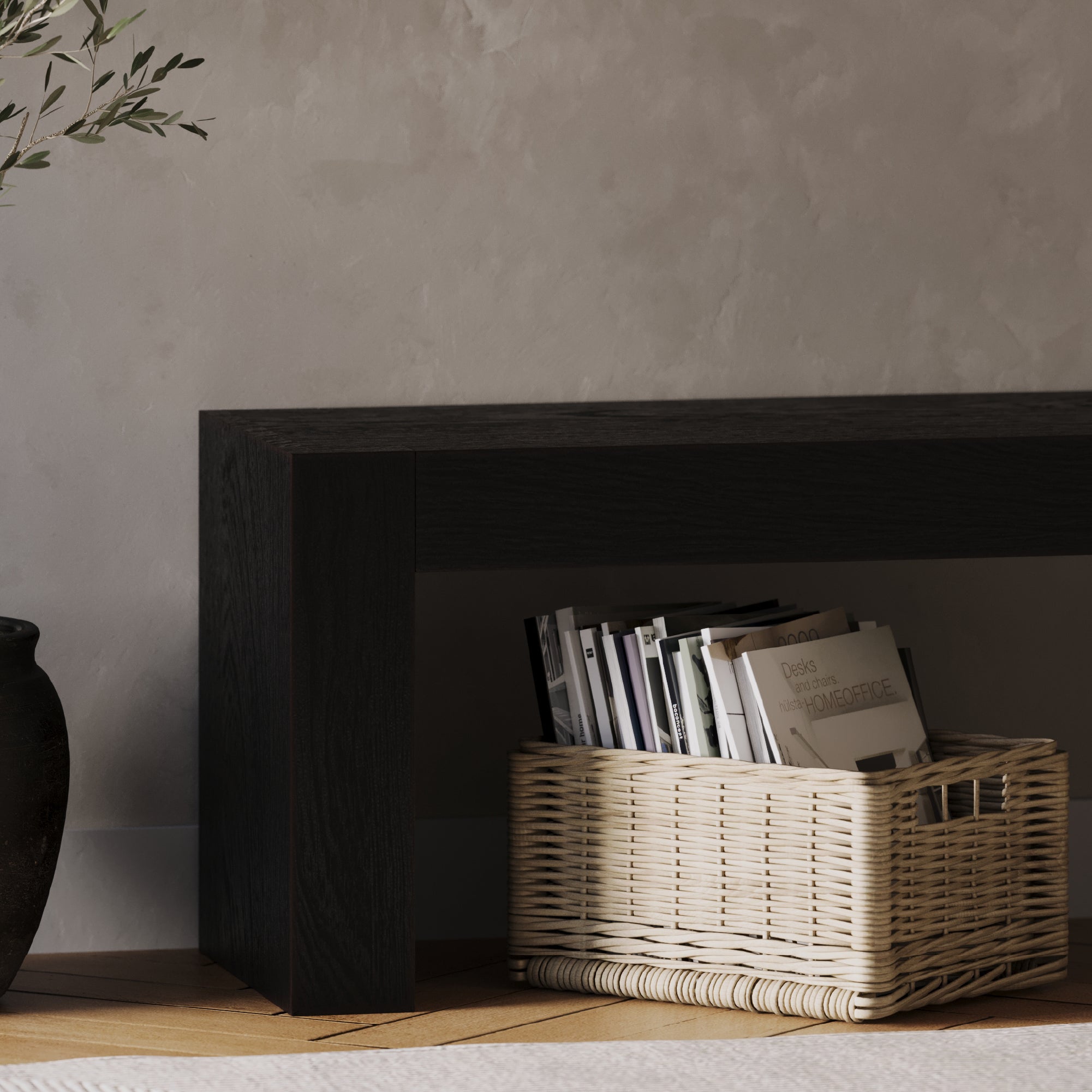 Zeno Organic Wooden Bench in Weathered Black Finish in Bench by Maven Lane