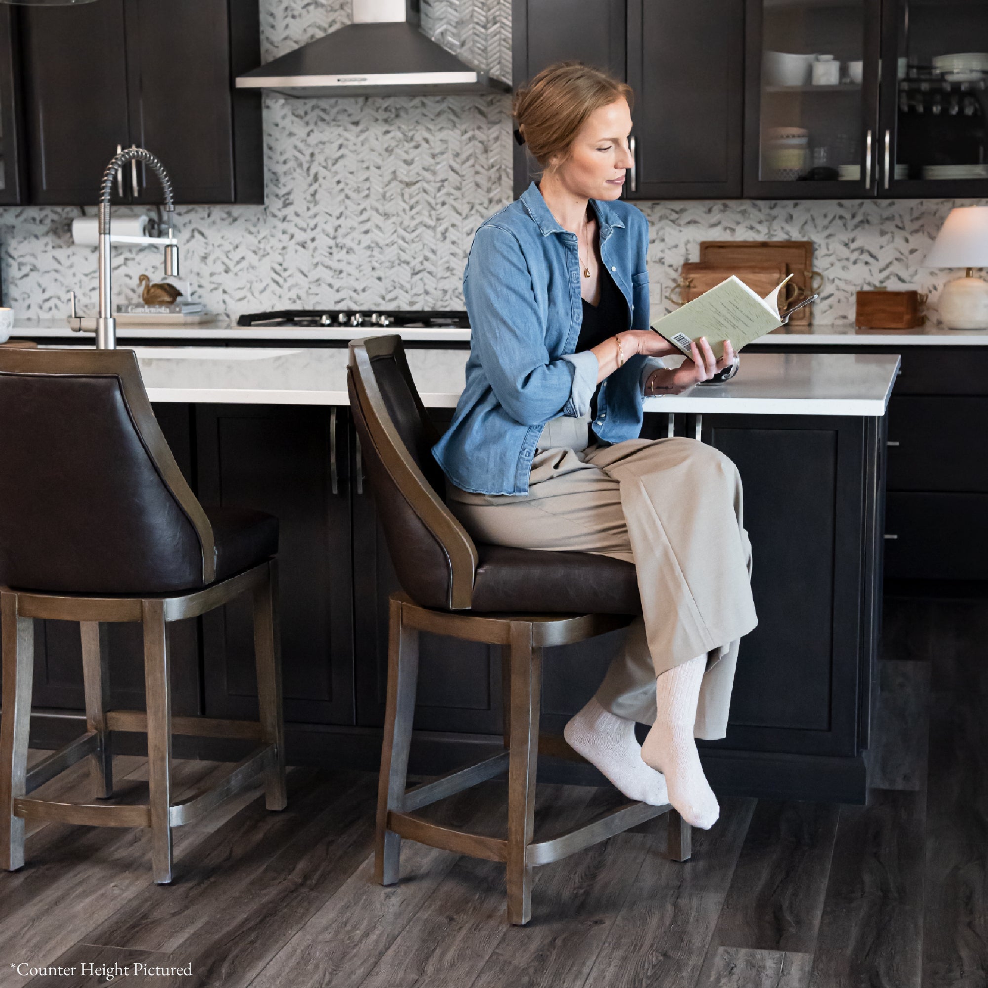 Vienna Swivel Bar Stool in Brown Finish with Brown Faux Leather in Stools by Maven Lane