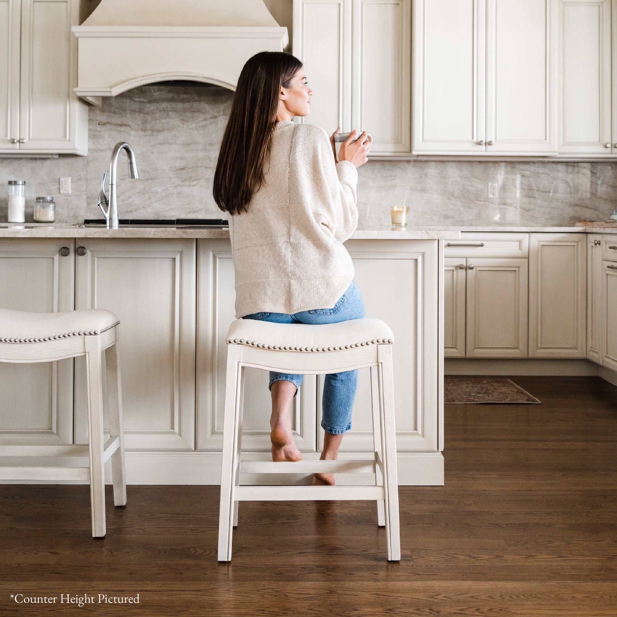 31" Adrien Saddle Bar Stool in White Oak Finish with Natural Fabric Upholstery in Stools by Maven Lane