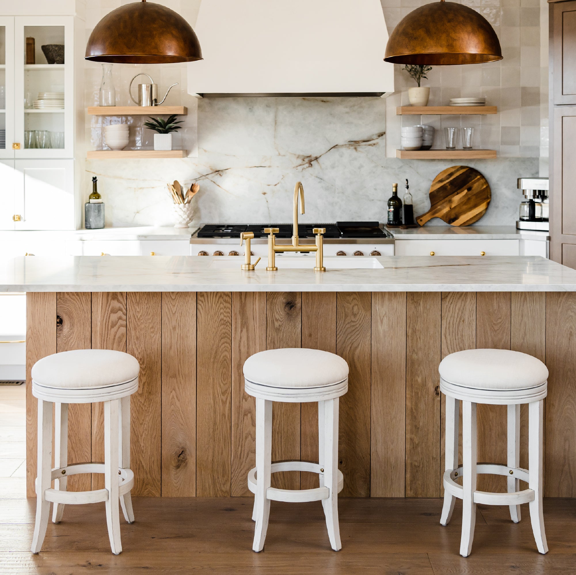 26" Eva Counter Height Kitchen Stool - White Oak Finish with Natural Fabric Upholstery in Stools by Maven Lane