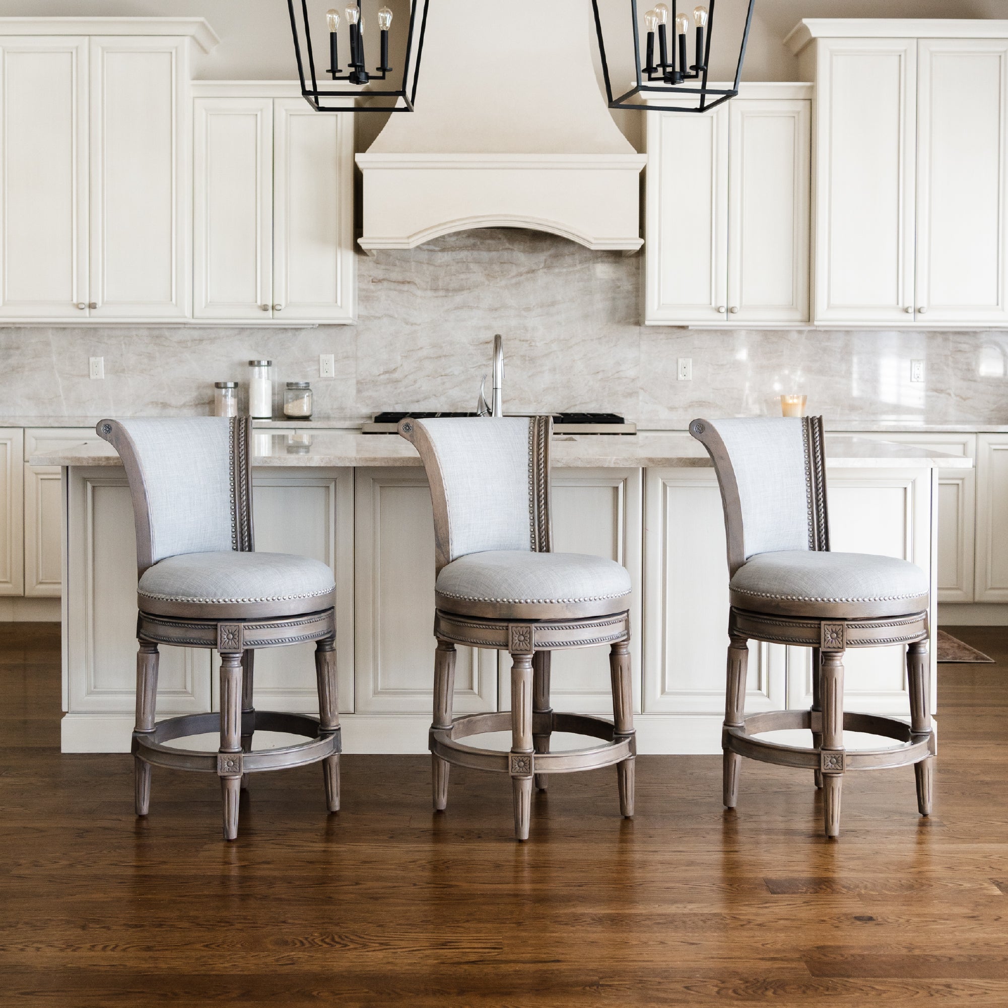 26" Pullman Counter Stool in Reclaimed Oak Finish with Ash Grey Fabric Upholstery in Stools by Maven Lane