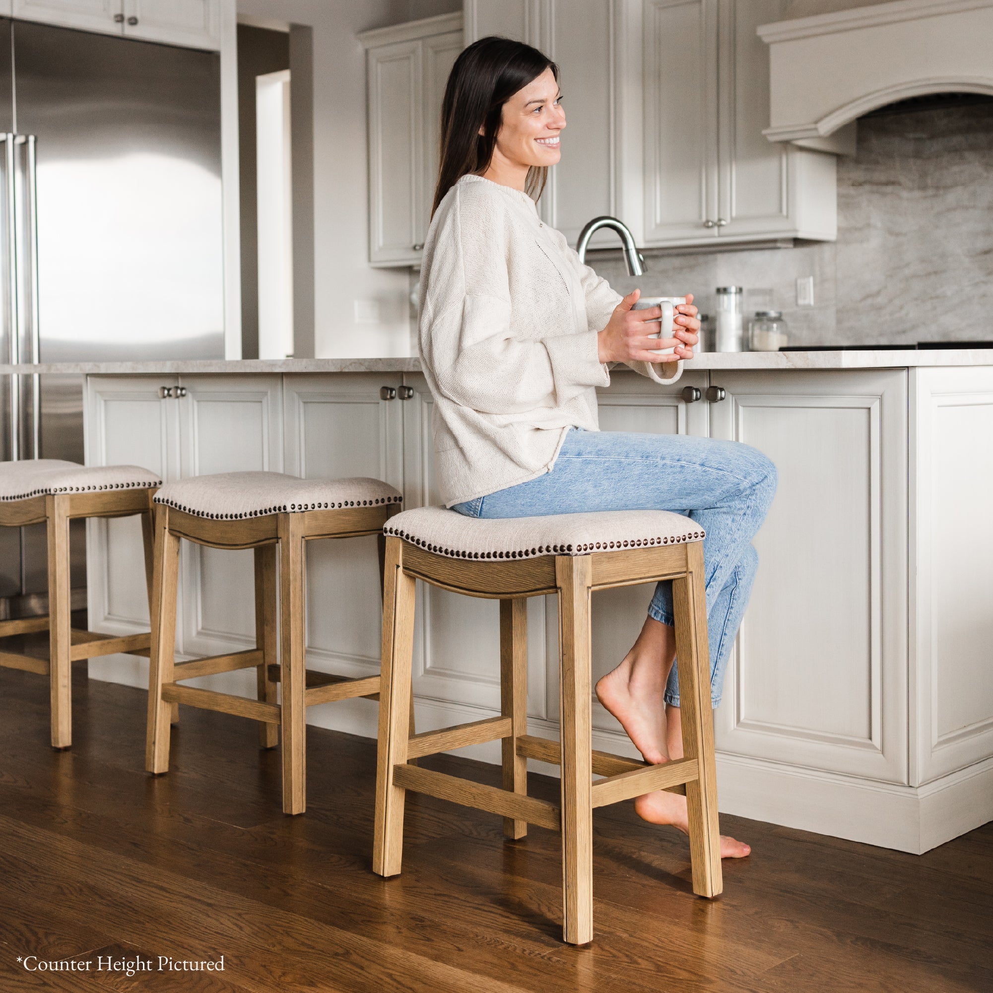 31" Adrien Saddle Bar Stool in Natural Wood Finish with Wheat Fabric Upholstery in Stools by Maven Lane