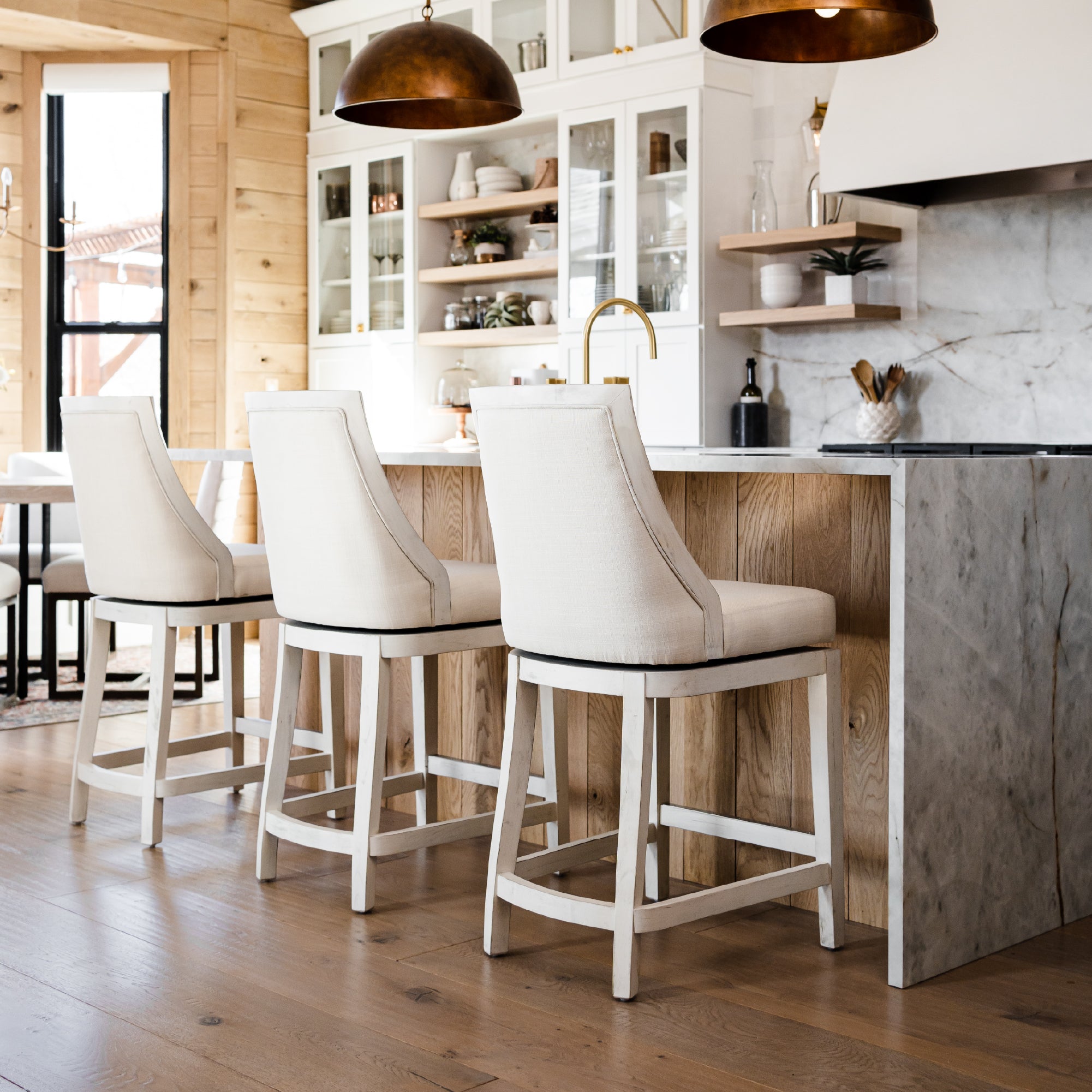 26" Vienna Swivel Counter Stool in White Oak Finish with Natural Fabric Upholstery in Stools by Maven Lane