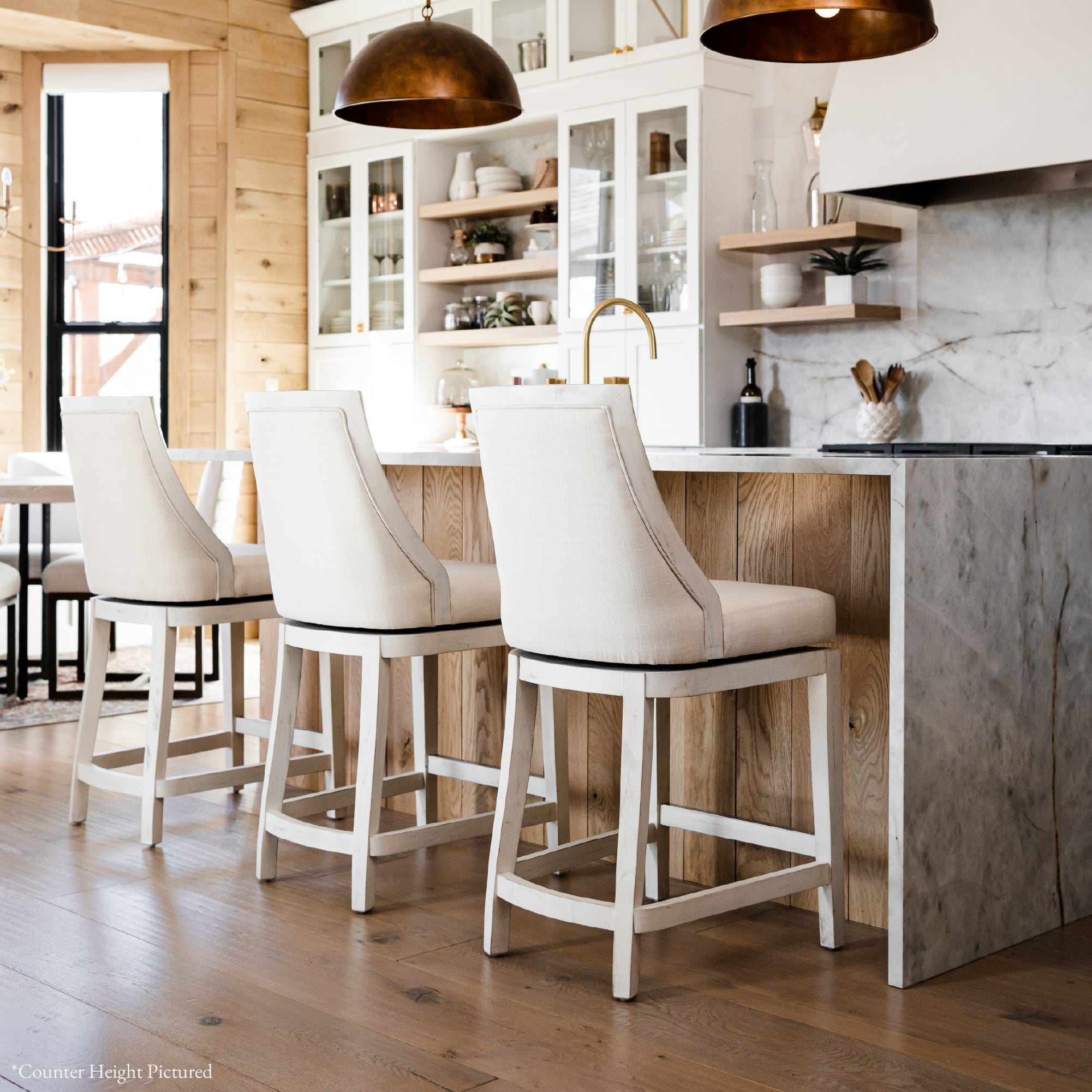 31" Vienna Swivel Bar Stool in Cream Finish with Natural Fabric in Stools by Maven Lane