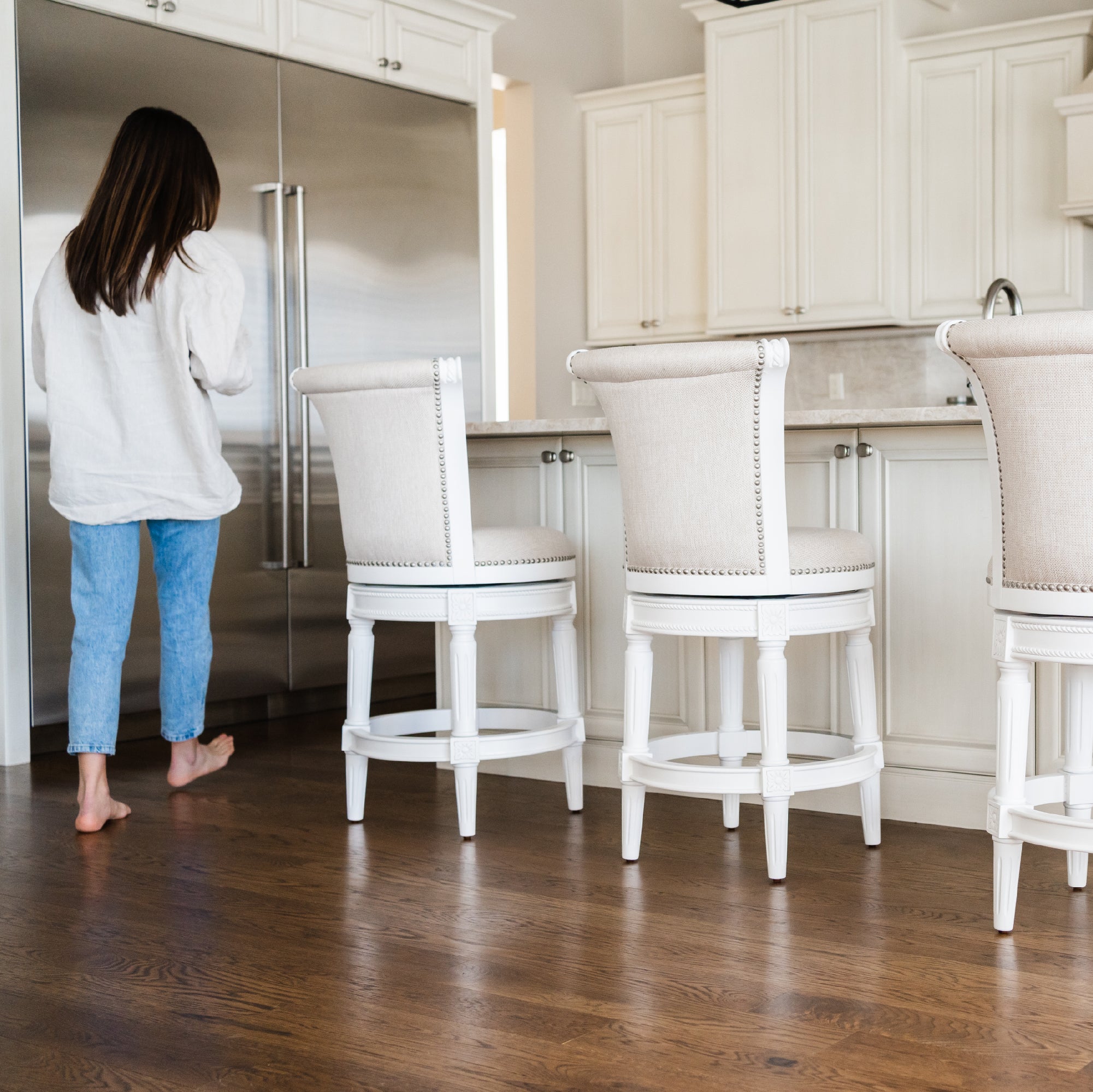 26" Pullman Counter Stool in Alabaster White Finish with Cream Fabric Upholstery in Stools by Maven Lane