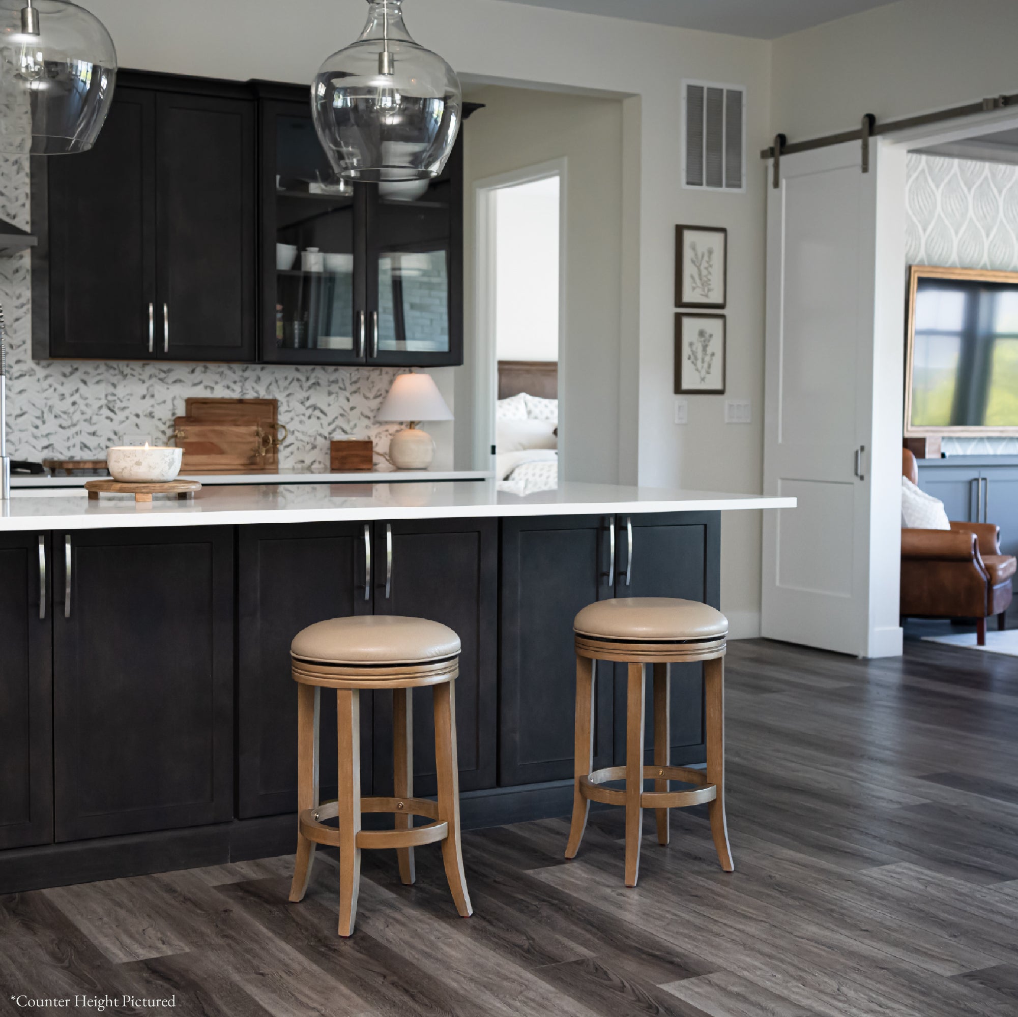 31" Eva Bar Stool in Weathered Oak Finish with Avanti Bone Vegan Leather in Stools by Maven Lane