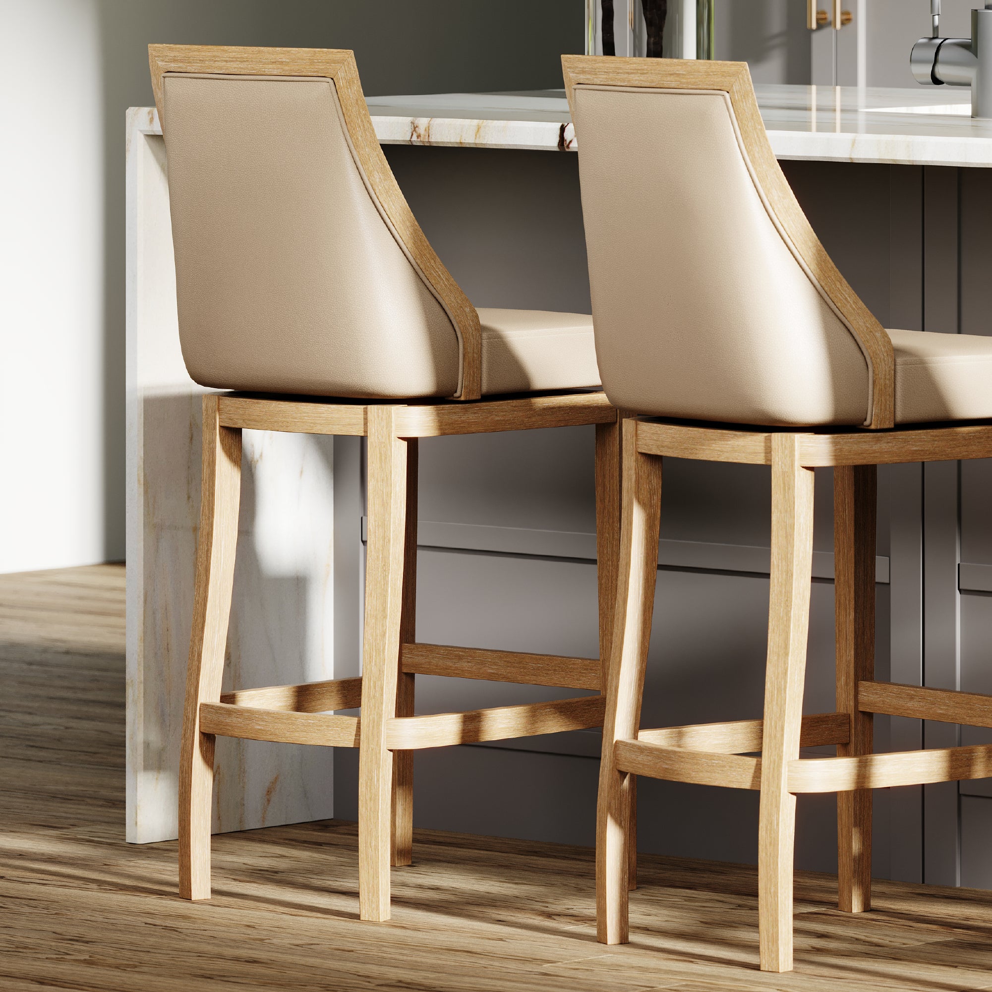 31" Vienna Swivel Bar Stool in Weathered Oak Finish with Avanti Bone Vegan Leather in Stools by Maven Lane