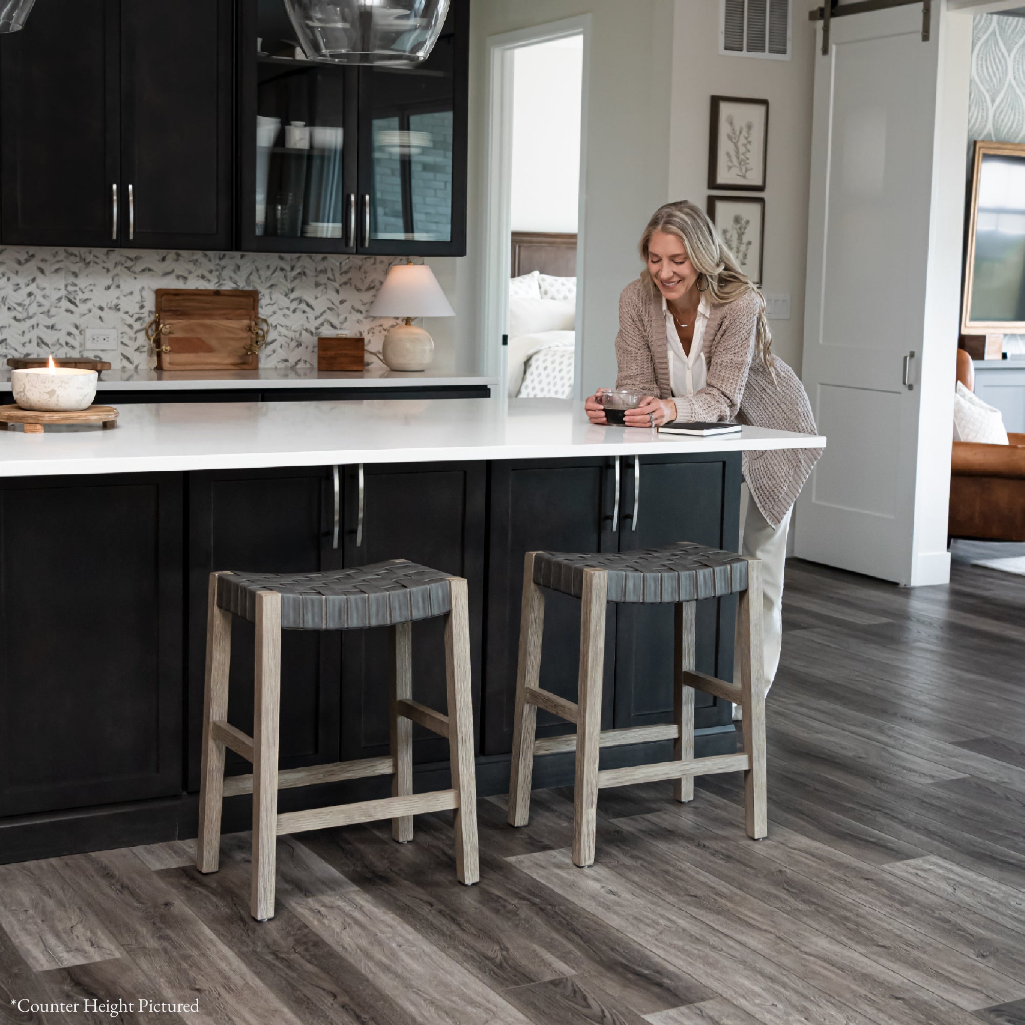 Emerson Bar Stool In Grey Finish & Grey Woven Leather Seat in Stools by Maven Lane