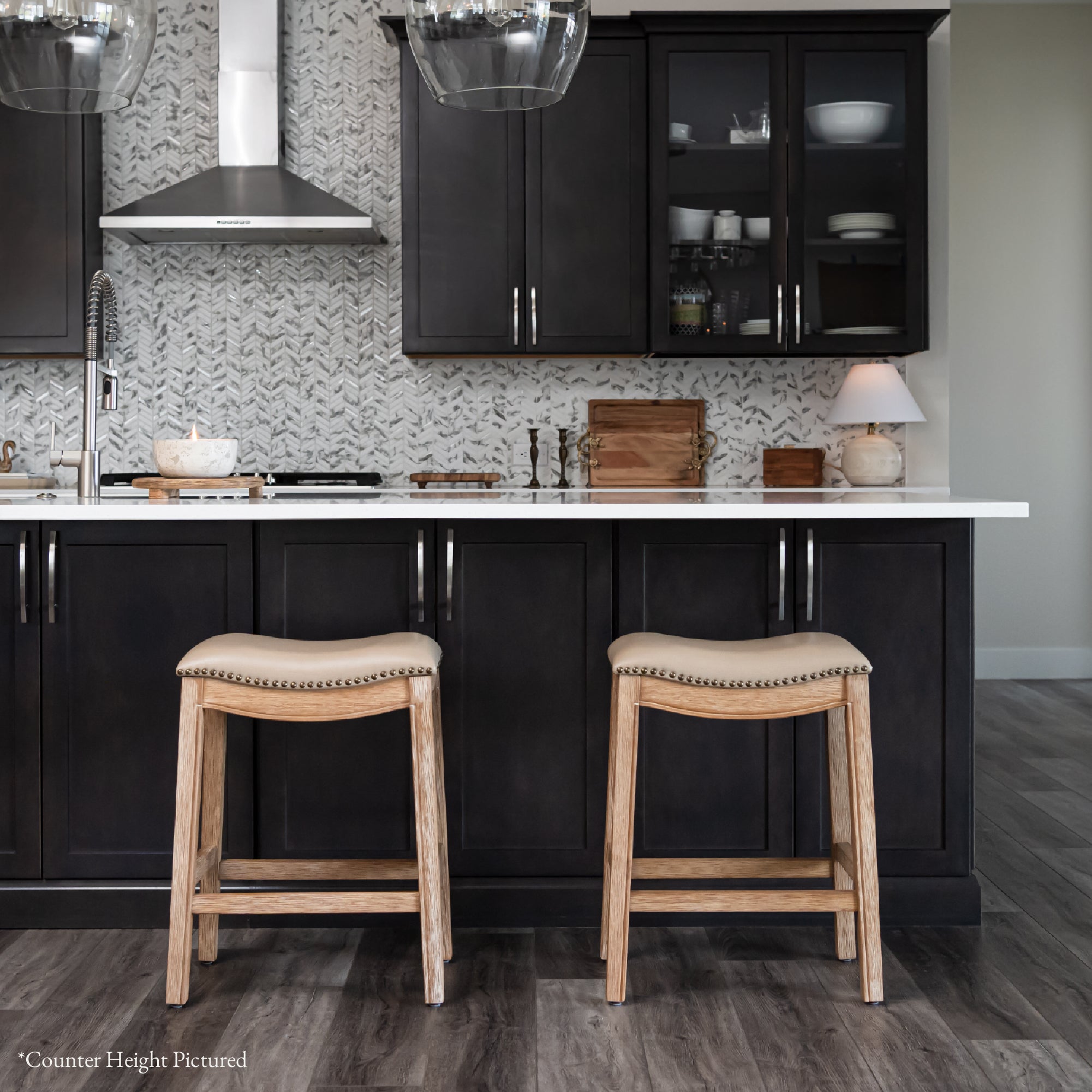 31" Adrien Saddle Bar Stool in Weathered Oak Finish with Avanti Bone Vegan Leather in Stools by Maven Lane