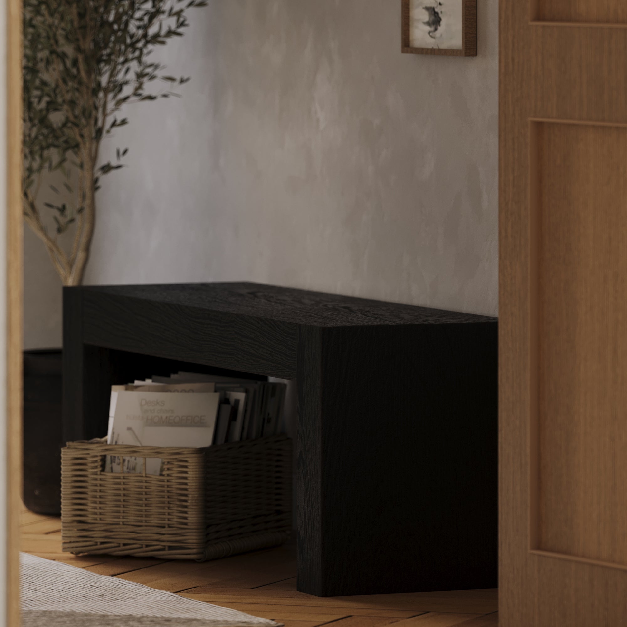 Zeno Organic Wooden Bench in Weathered Black Finish in Bench by Maven Lane