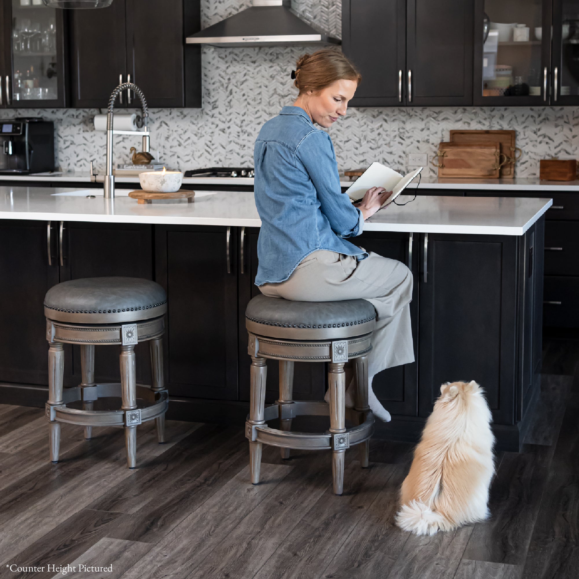 31" Pullman Backless Bar Stool in Grey Finish with Grey Faux Leather Upholstery in Stools by Maven Lane