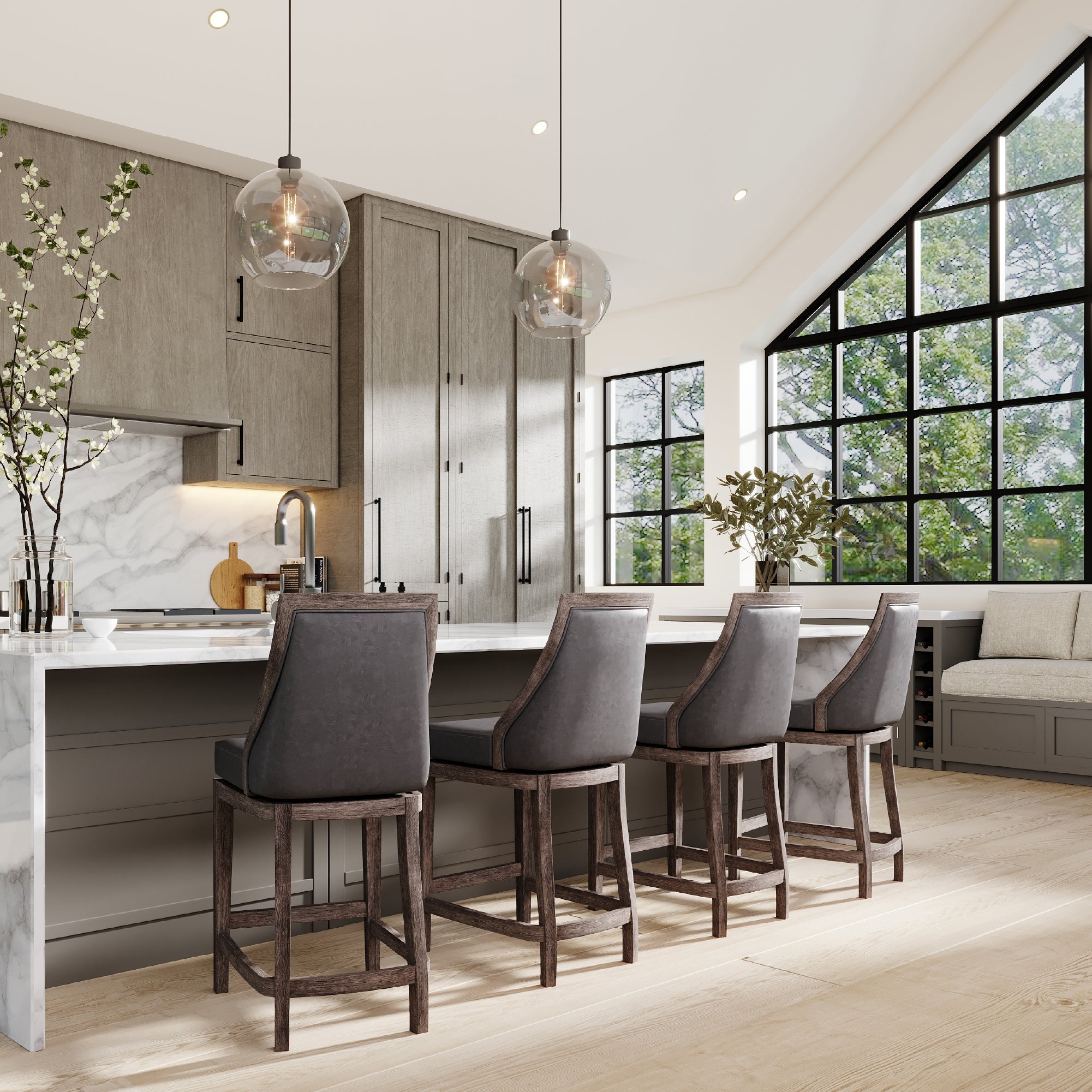 26" Vienna Swivel Counter Stool in Grey Finish with Grey Faux Leather in Stools by Maven Lane