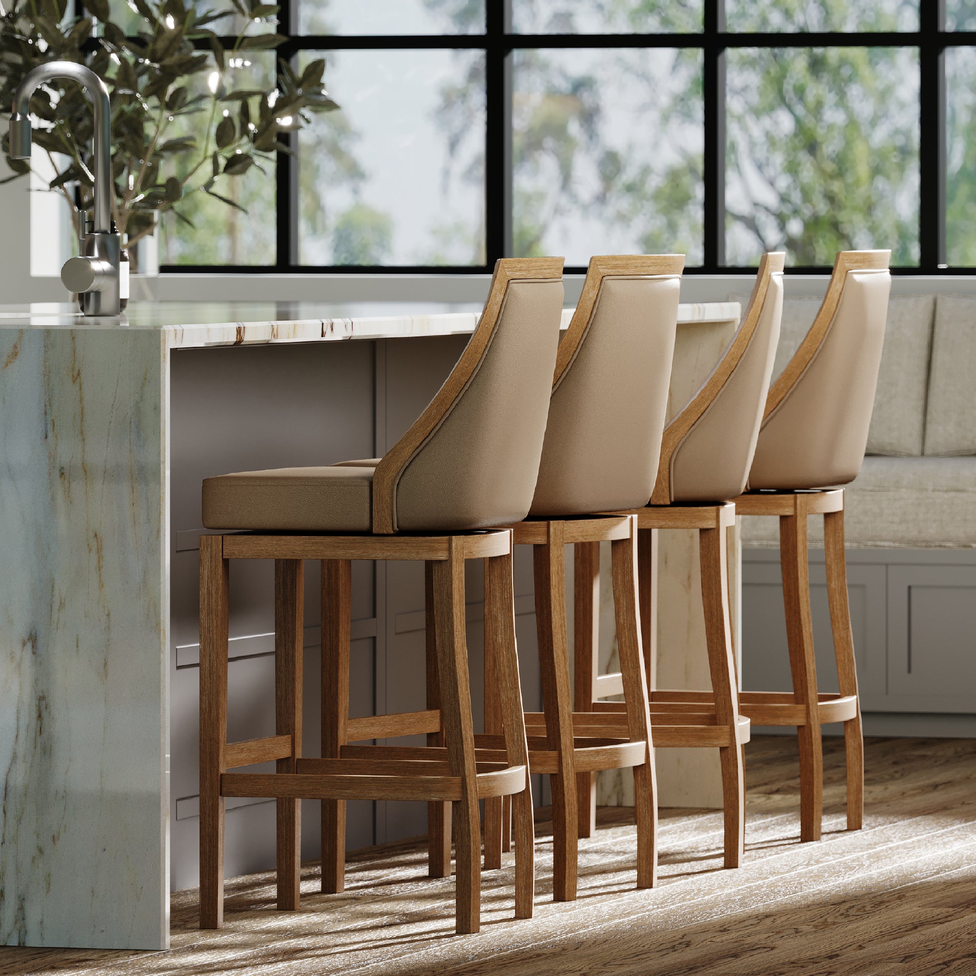 31" Vienna Swivel Bar Stool in Weathered Oak Finish with Avanti Bone Vegan Leather in Stools by Maven Lane