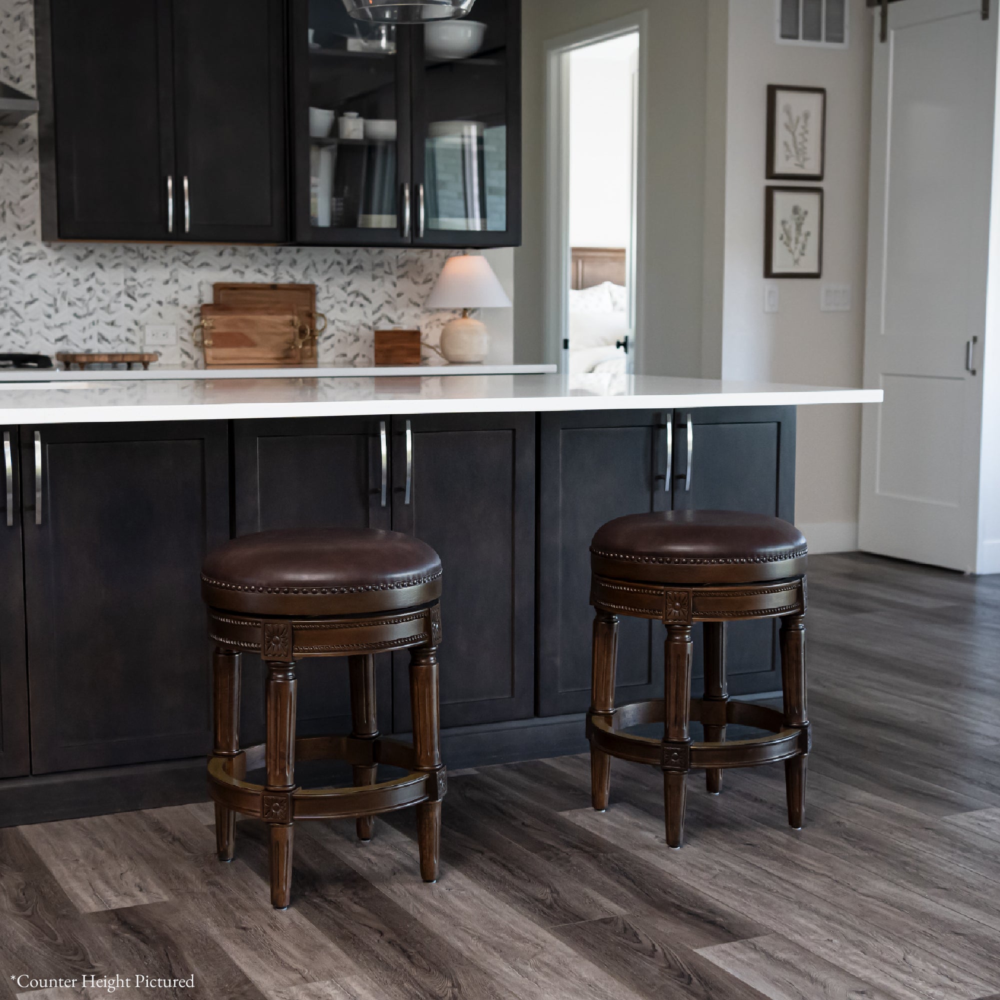 31" Pullman Backless Bar Stool in Dark Walnut Finish with Vintage Brown Vegan Leather in Stools by Maven Lane