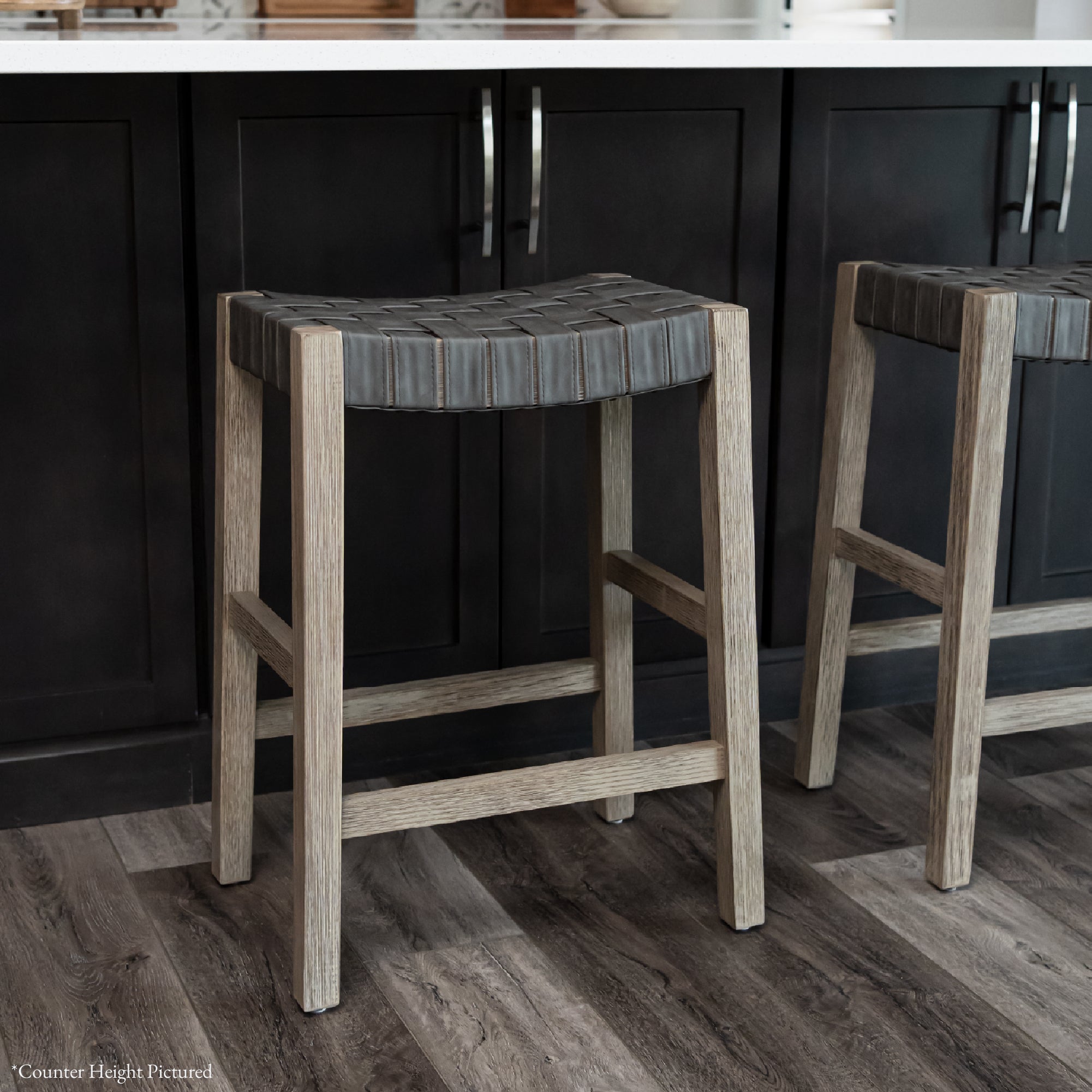 Emerson Bar Stool In Grey Finish & Grey Woven Leather Seat in Stools by Maven Lane