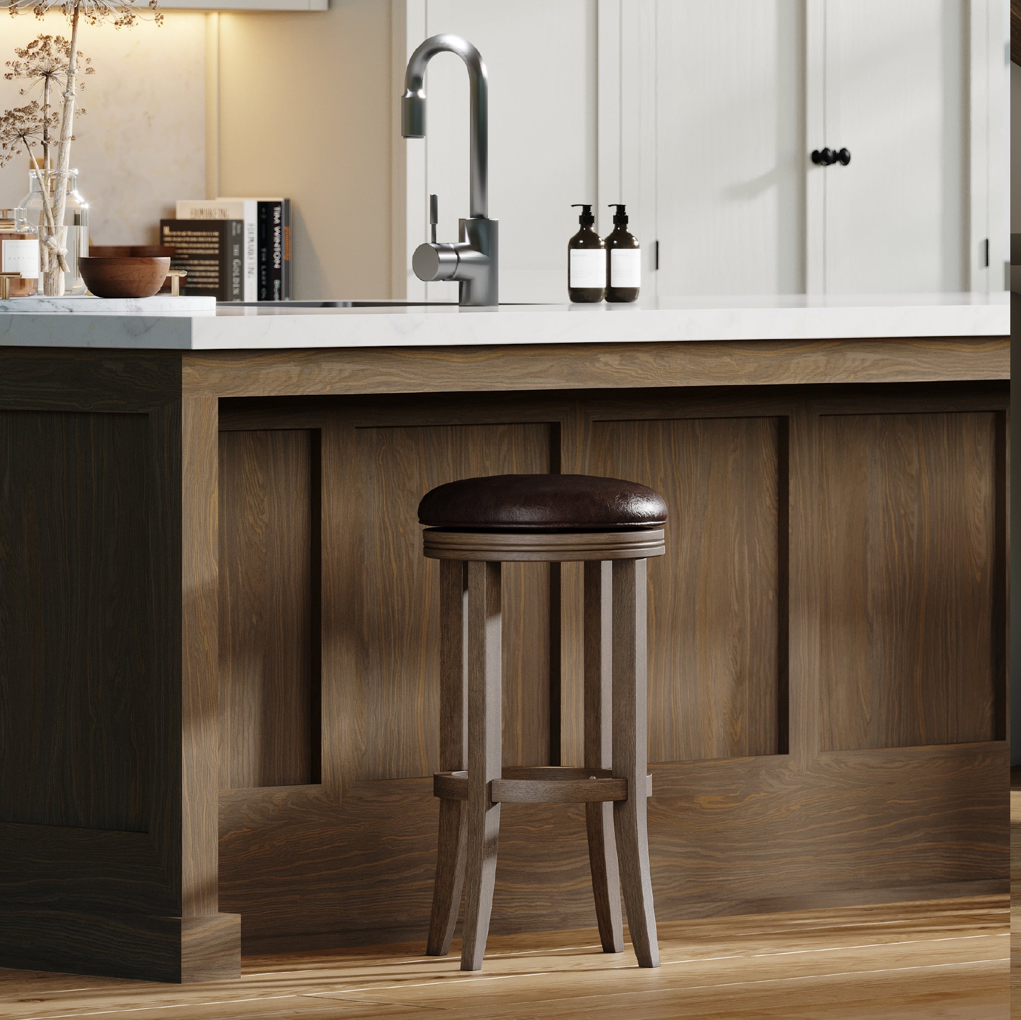 31" Eva Bar Stool in Walnut Finish with Marksman Saddle Vegan Leather in Stools by Maven Lane