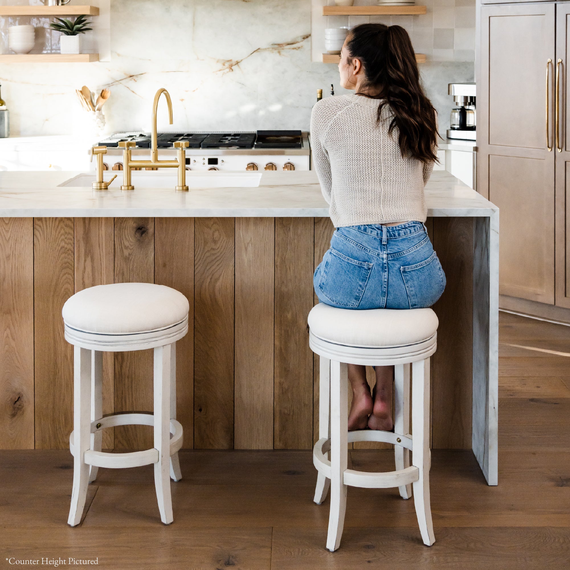 31" Eva Bar Stool with Cream Finish and Natural Fabric in Stools by Maven Lane