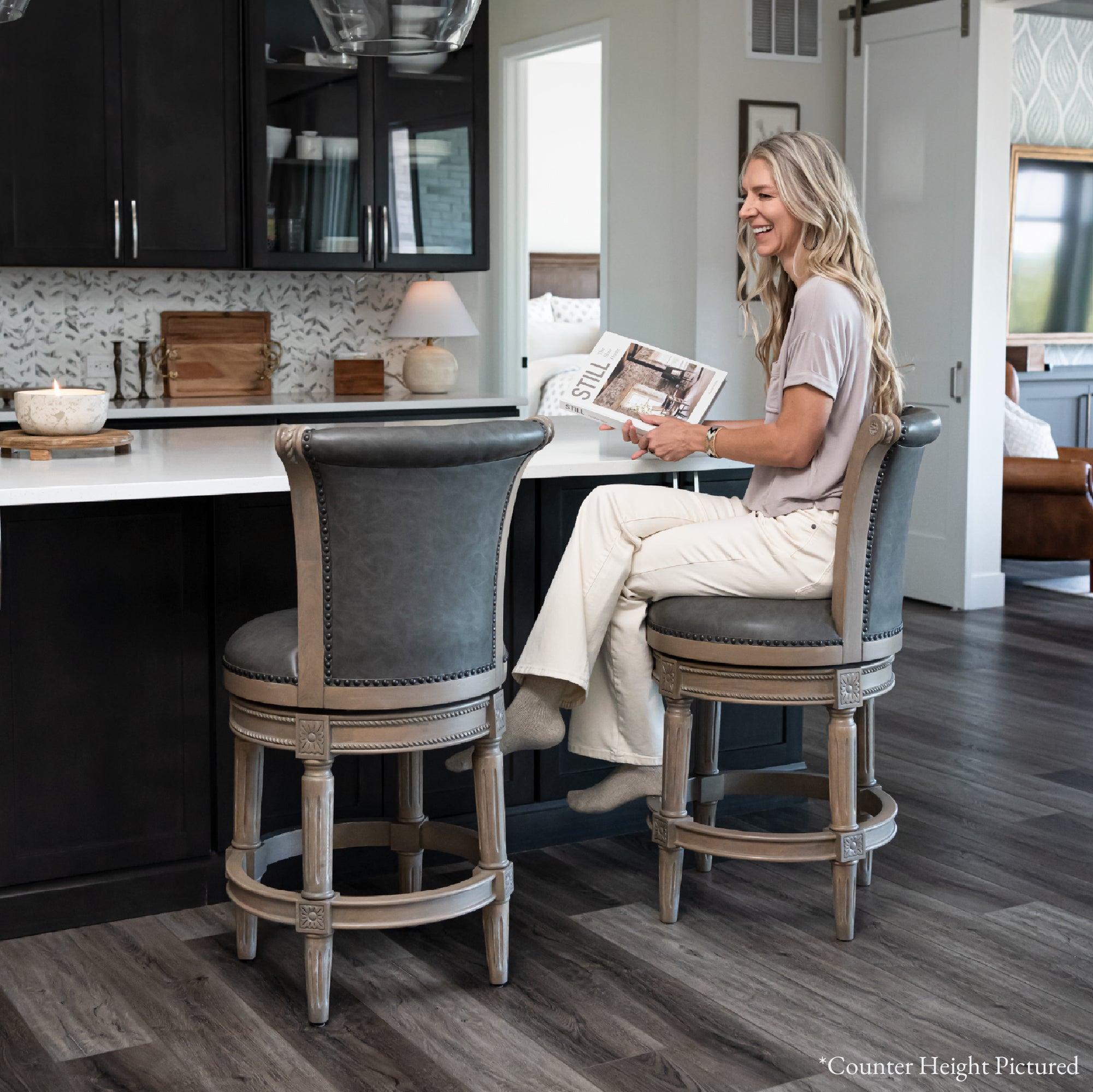 31" Pullman Bar Stool in Reclaimed Oak Finish with Ronan Stone Vegan Leather in Stools by Maven Lane